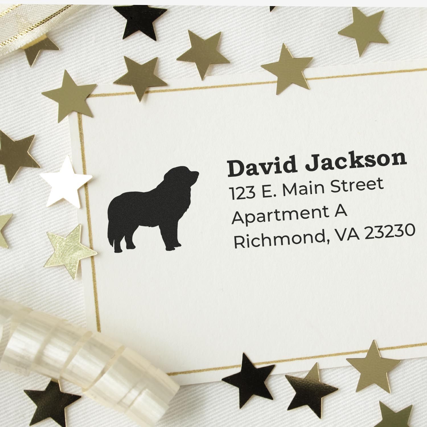 Pyrenees Silhouette Address Rubber Stamp on a card with gold stars and ribbon. Displays a silhouette of a dog next to an address. Elegant and personalized stationery design.