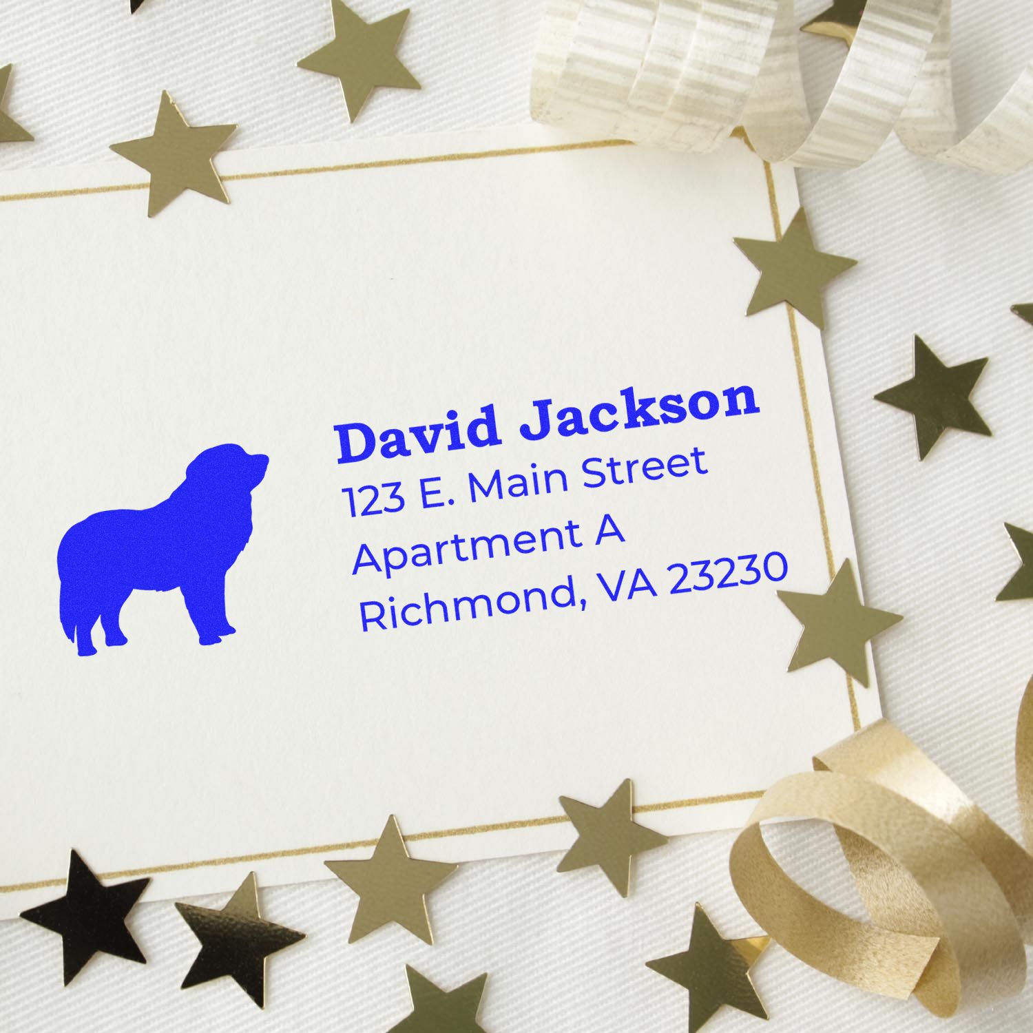 PSI Pre-Inked Personalized Pyrenees Address Stamp on a card with gold stars and ribbon, featuring a blue Pyrenees dog silhouette and sample address text.