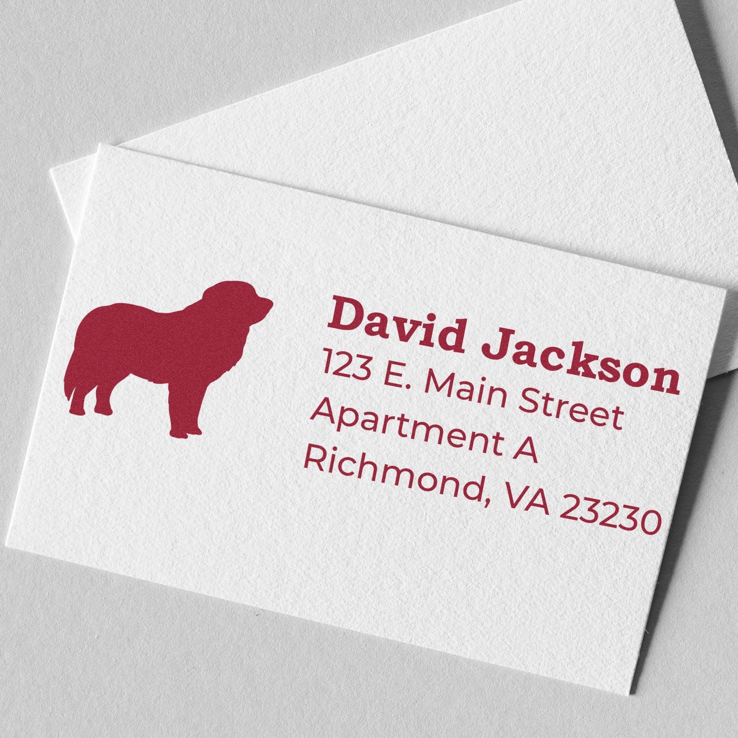 PSI Pre-Inked Personalized Pyrenees Address Stamp on white card with red Pyrenees dog silhouette and red text displaying a sample address.