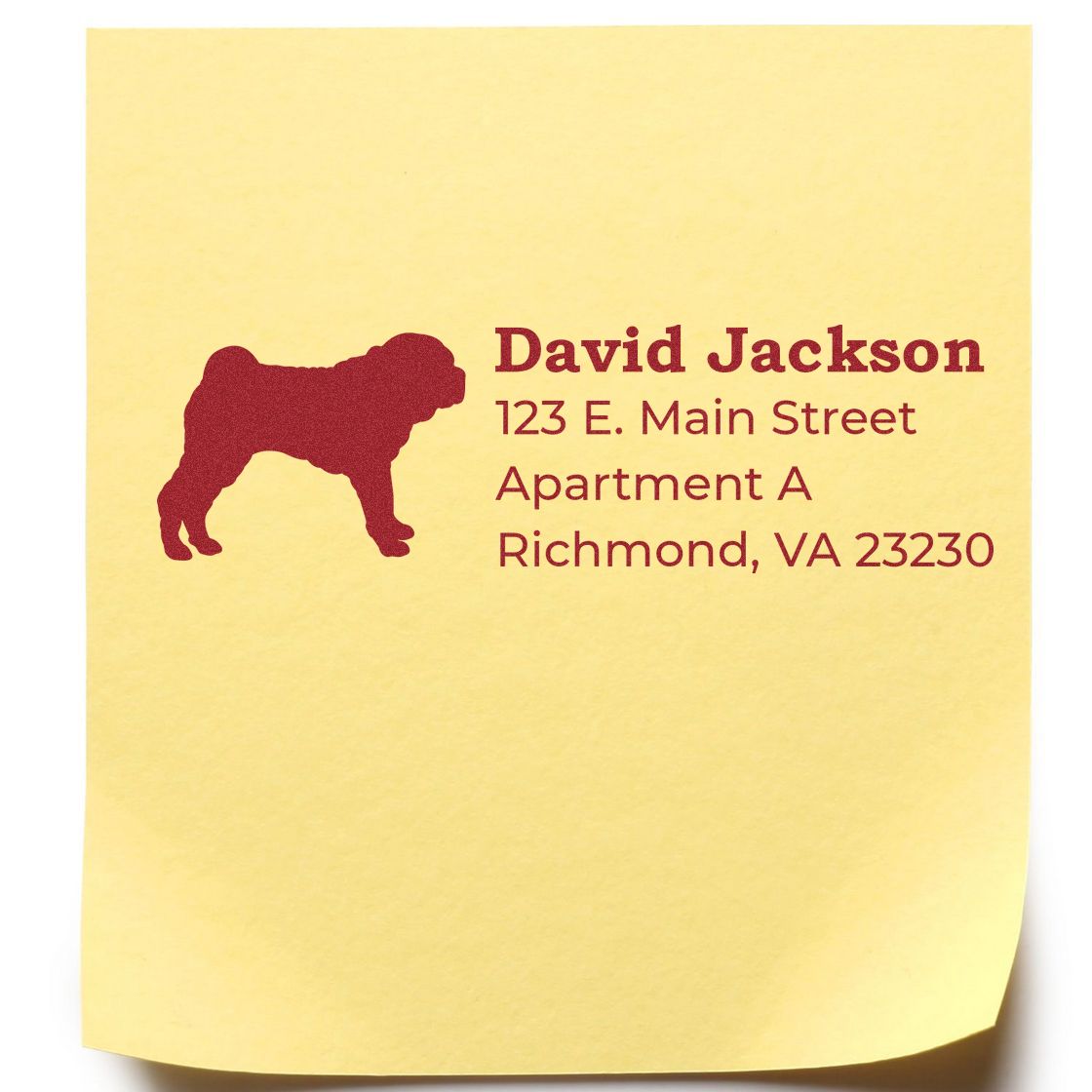 Self-Inking Shar Pei Dog Address Stamp on yellow paper, featuring a red silhouette of a Shar Pei and sample address text in bold red font.