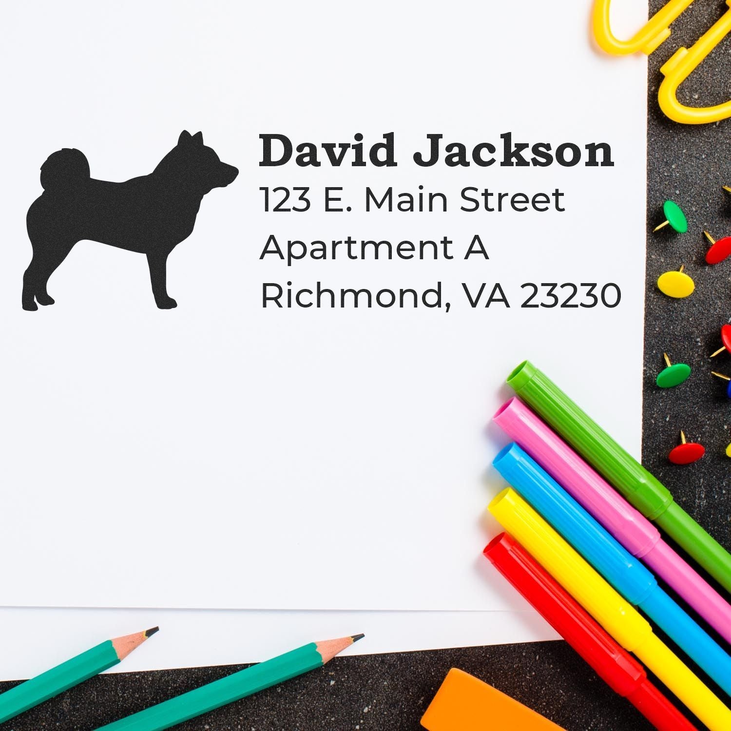 Shiba Inu Silhouette Address Rubber Stamp on white paper with colorful pens and push pins. Text reads: David Jackson, 123 E. Main Street, Apartment A, Richmond, VA 23230.