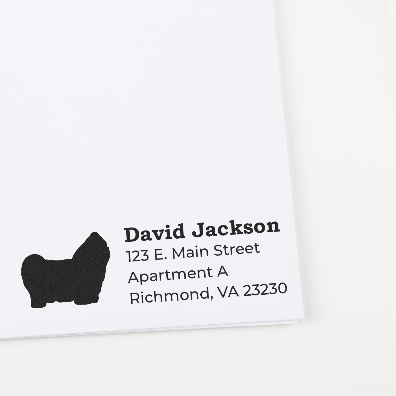 PSI Pre-Inked Personalized Shih Tzu Address Stamp on white paper, featuring a Shih Tzu silhouette and sample address text in bold black font. Perfect for adding a personal touch to mail.