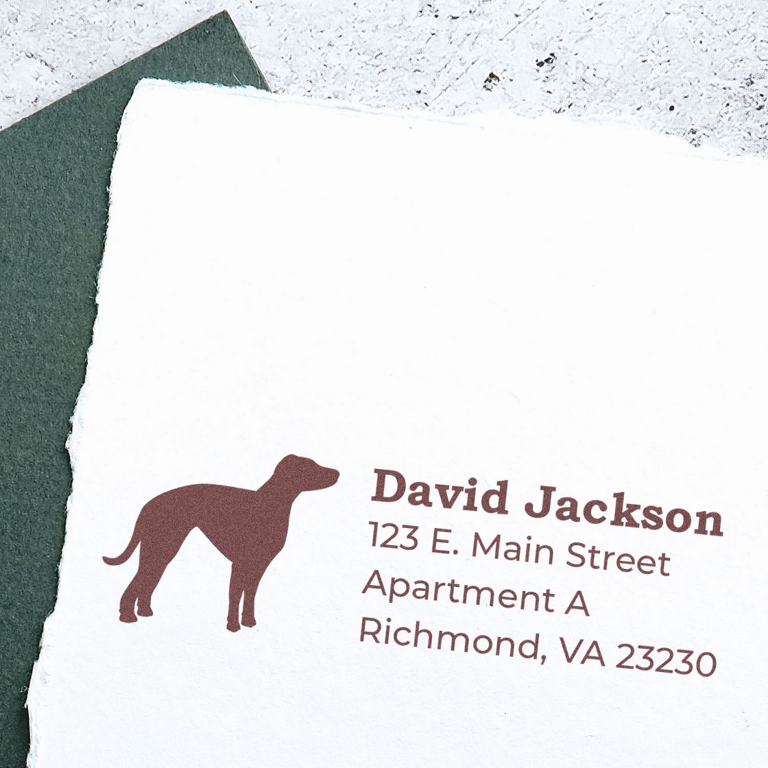 PSI Pre-Inked Personalized Whippet Address Stamp on white paper, featuring a whippet silhouette and sample address in brown ink, next to a green envelope.