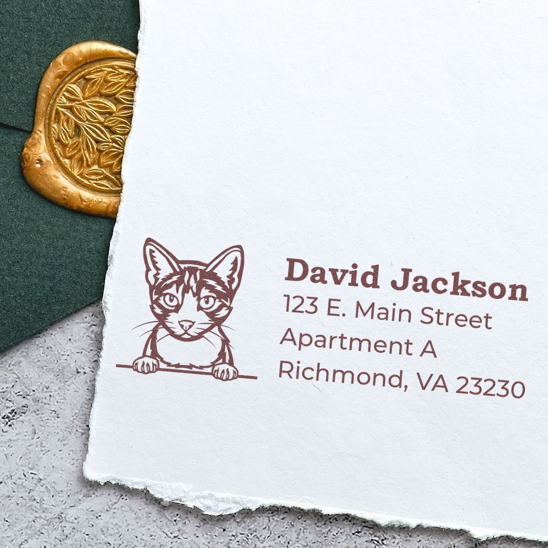 PSI Pre-Inked Peeking Aegean Cat Personalized Address Stamp on white paper, featuring a cute cat illustration next to an address. A gold wax seal and green envelope are partially visible.