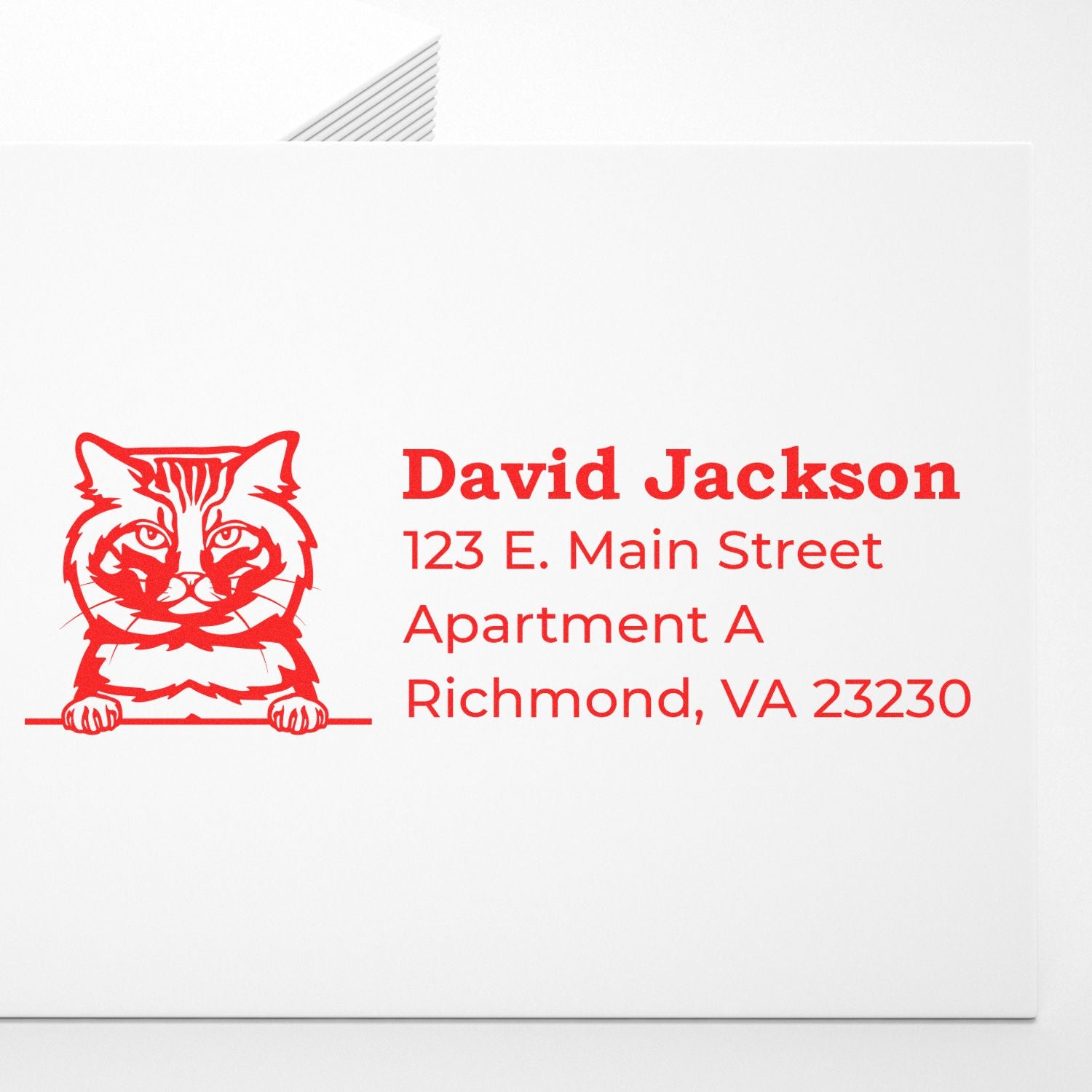 Wood Handle American Bobtail Cat Address Stamp on white envelope, featuring a red cat illustration and sample address text in bold red font.