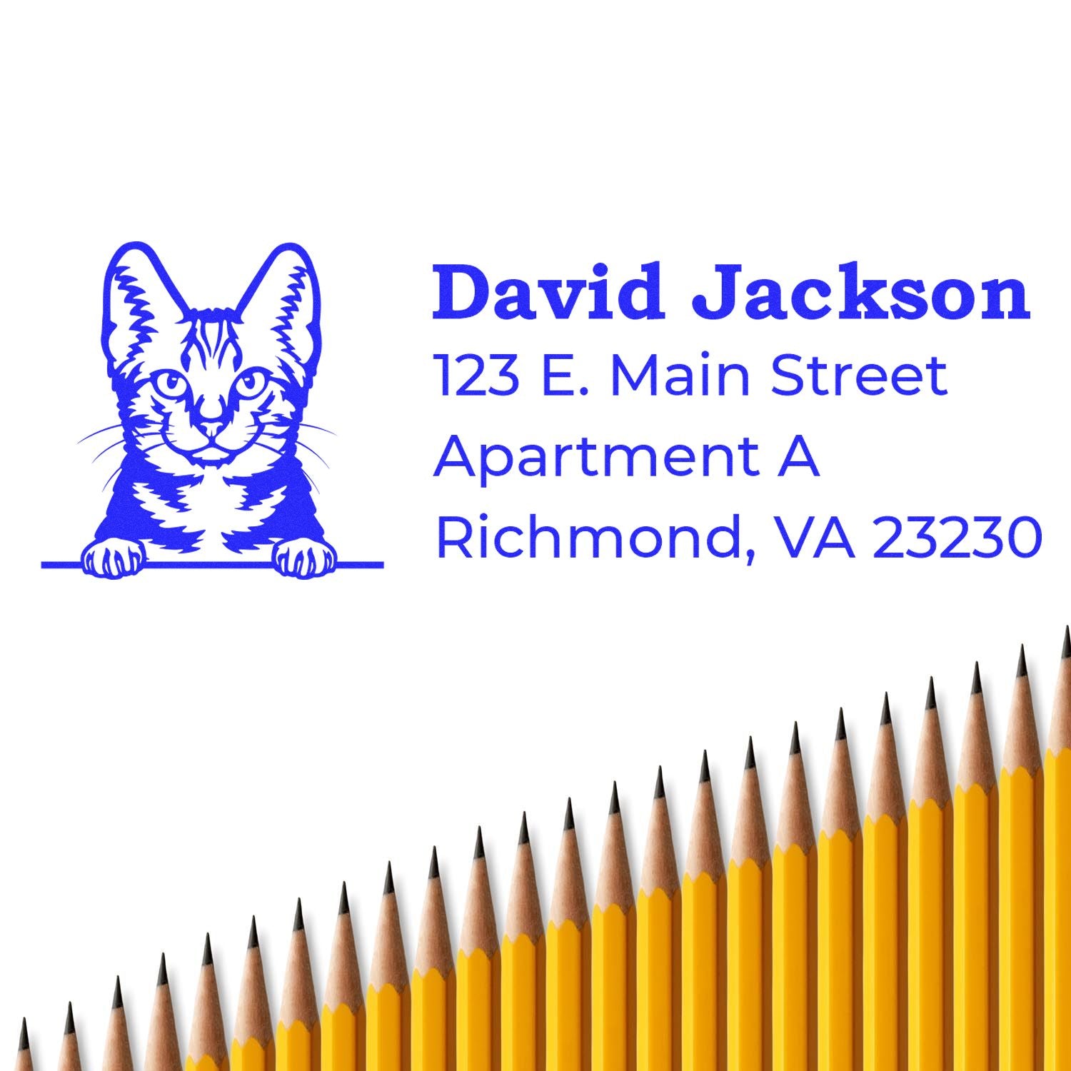 Slim Pre-Inked American Shorthair Peeking Cat Return Address Stamp on white paper with blue text and a cat illustration. Yellow pencils are aligned at the bottom.