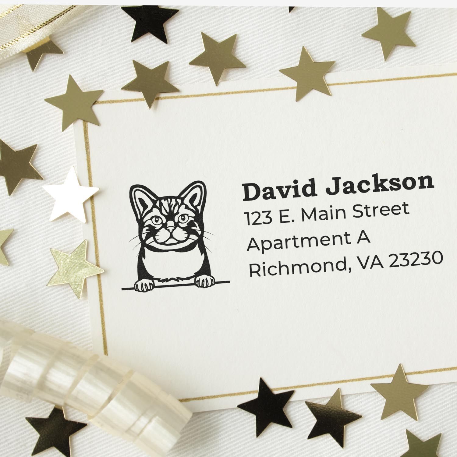 Wood Handle American Wirehair Cat Address Stamp on a card with gold stars and ribbon. Features a cat illustration above the address text. Perfect for personalized stationery.