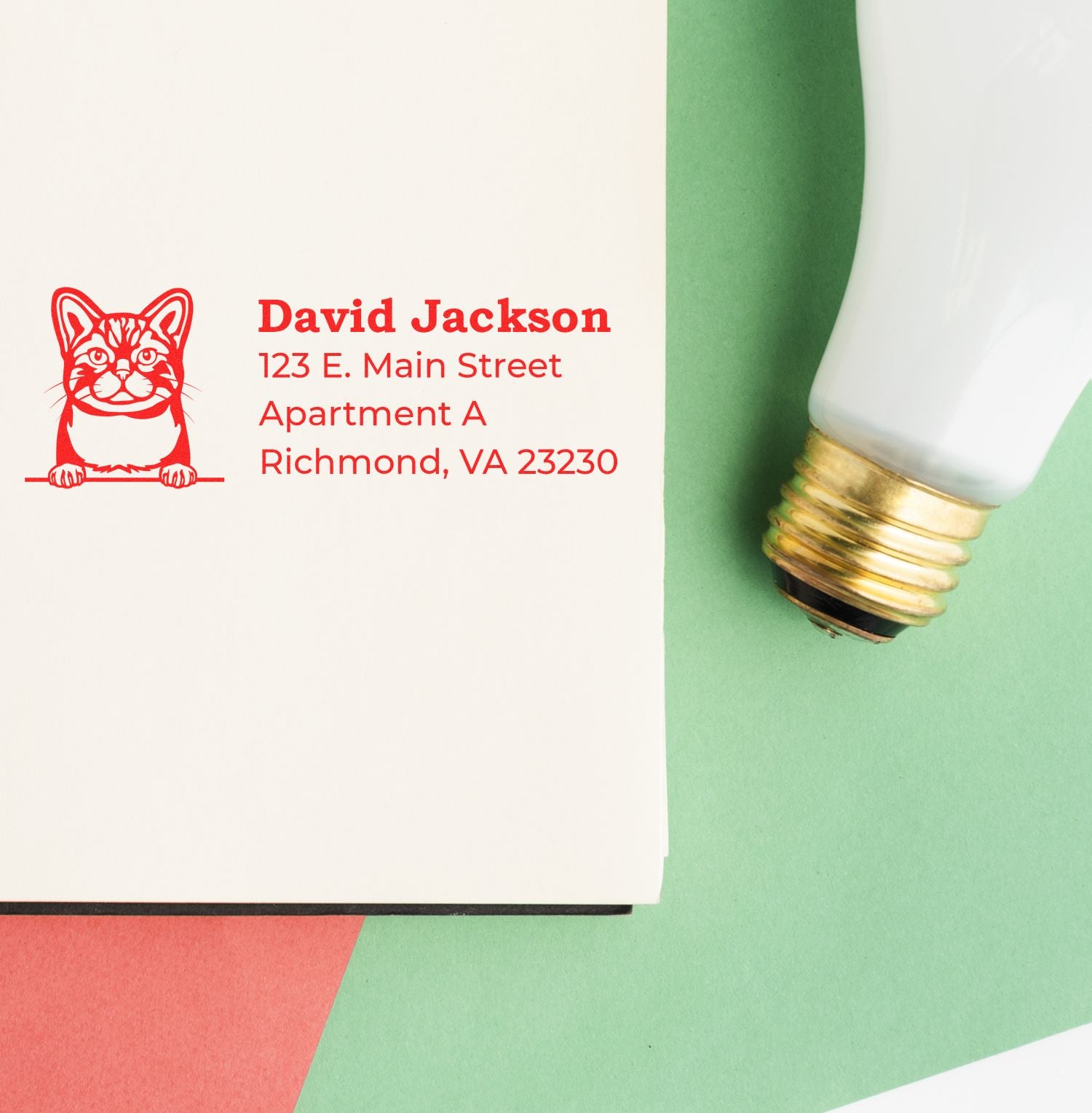 Wood Handle American Wirehair Cat Address Stamp on paper with red cat design, next to a light bulb on a colorful background.