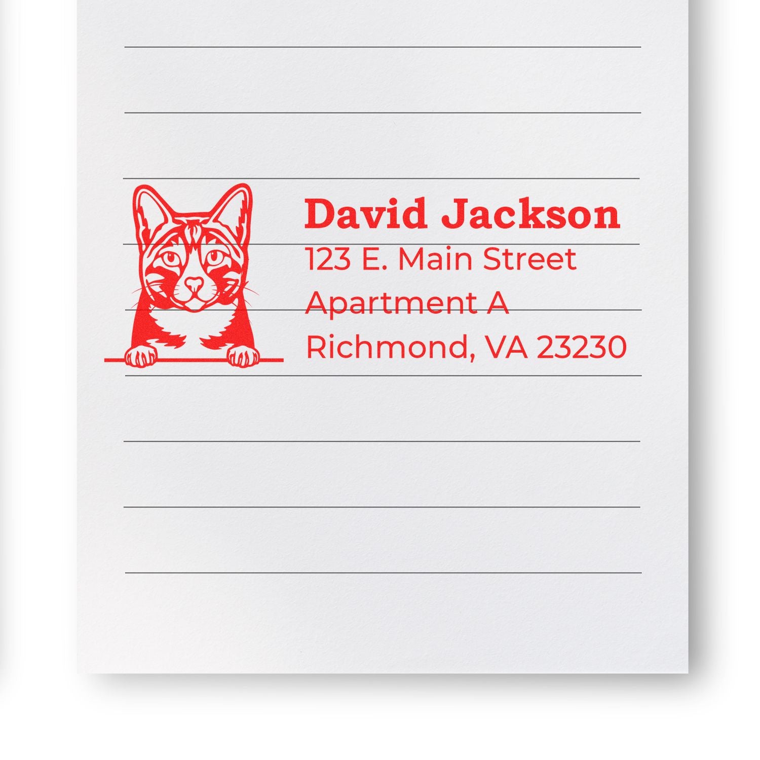 Wood Handle Arabian Mau Cat Address Stamp on lined paper, featuring a red cat illustration and sample address text in bold red font.