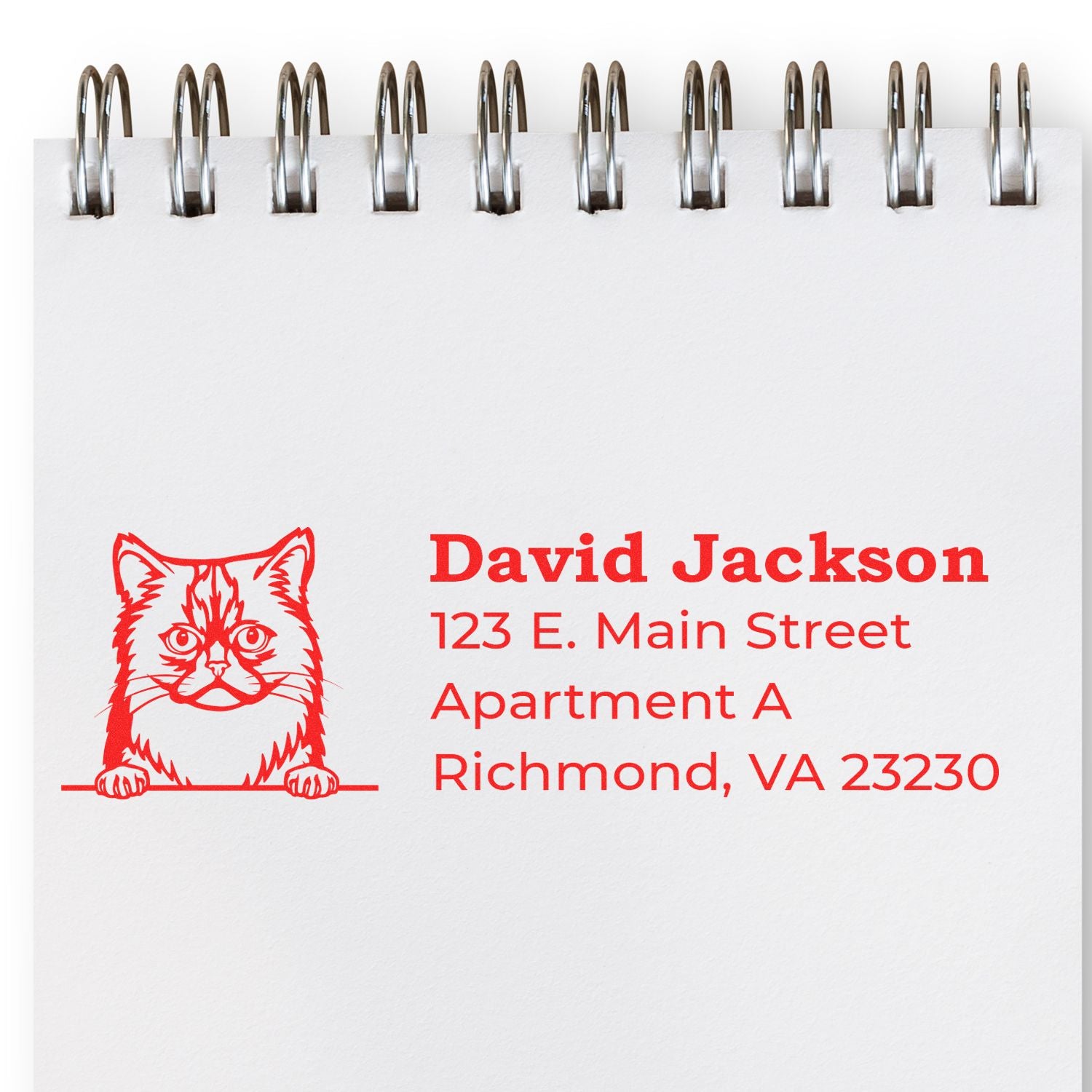 Wood Handle Asian Semi Long Hair Cat Address Stamp on notepad, featuring a red cat illustration and sample address text in bold red font.