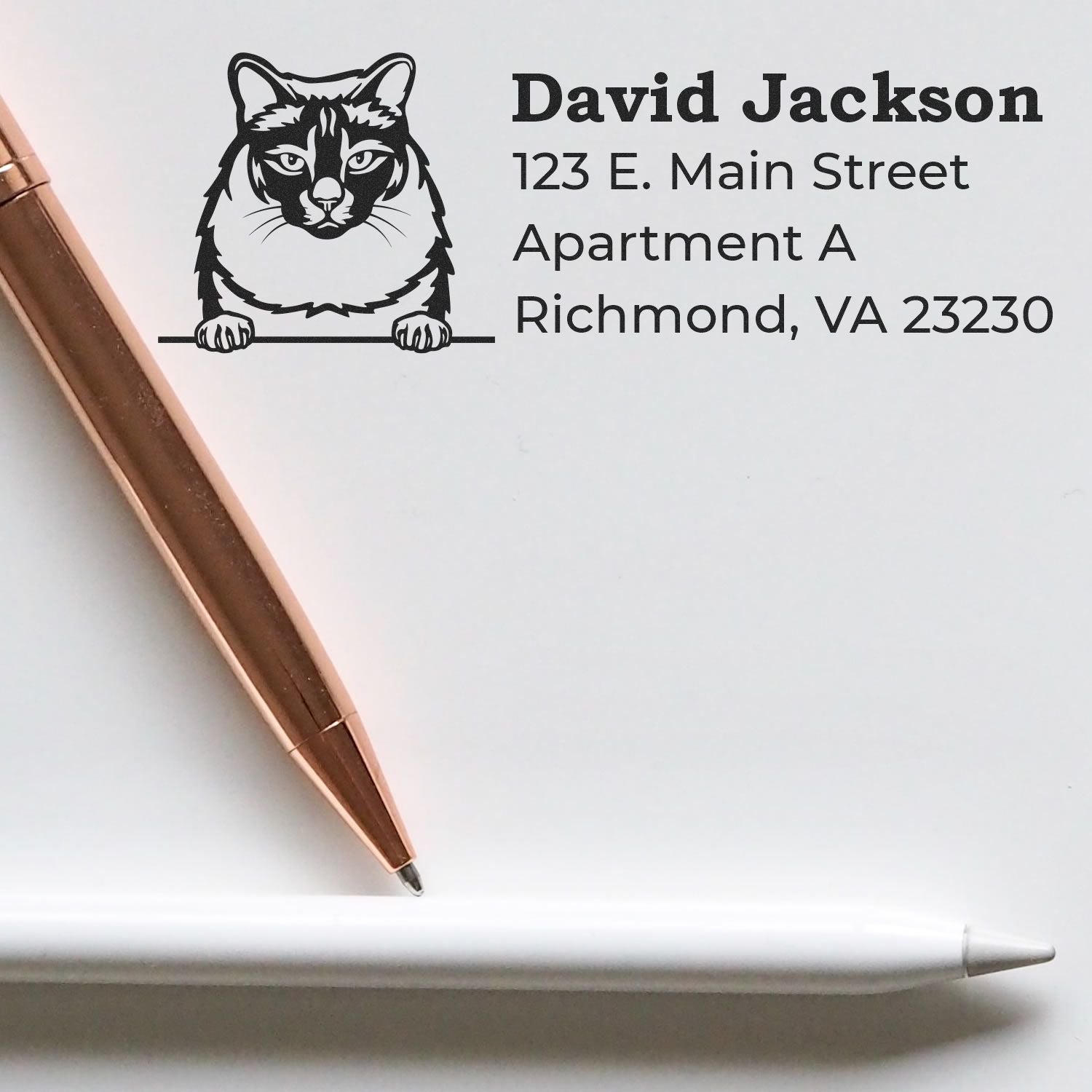 Self-Inking Balinese Custom Address Stamp with a cat design, shown on white paper. Includes sample address text. Two pens are placed beside the stamp impression.