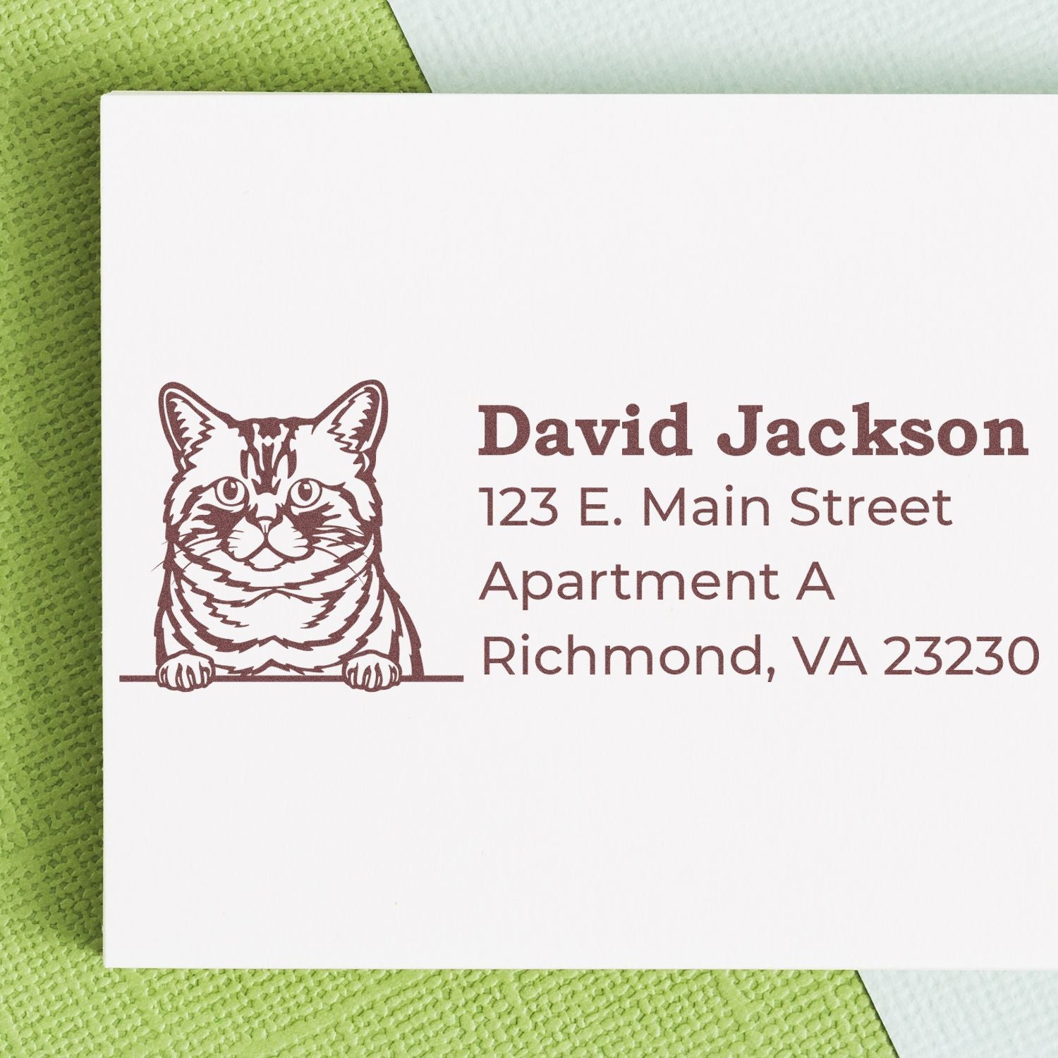 PSI Pre-Inked Peeking Brazilian Shorthair Cat Personalized Address Stamp on a white envelope with a cute cat illustration and sample address in brown ink, placed on a green and white background.