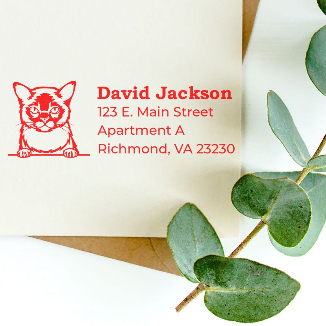 Slim Pre-Inked Burmese Peeking Cat Return Address Stamp on an envelope with green leaves. Red ink features a cat illustration and address details, adding a personal touch to correspondence.