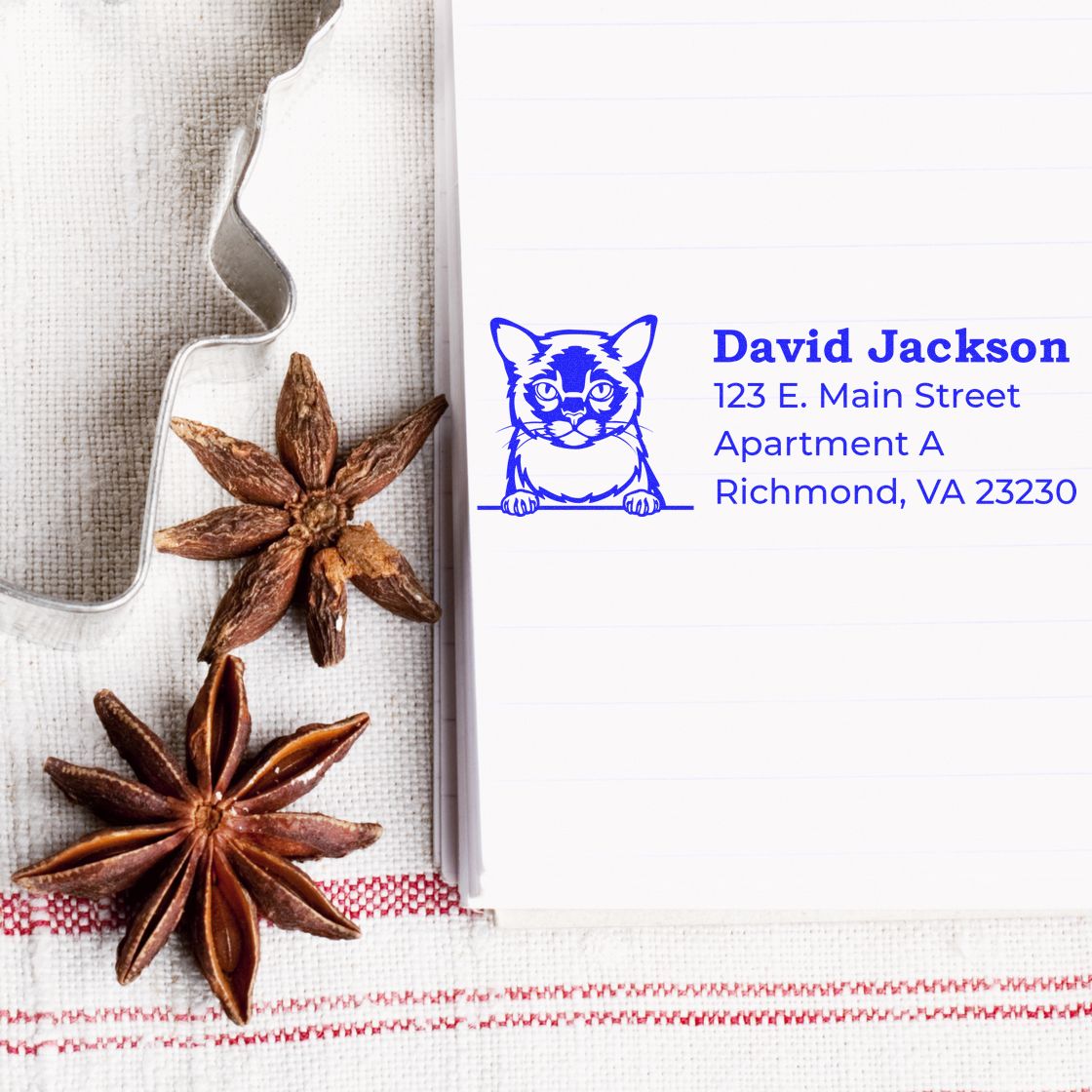 Self-Inking Burmese Custom Address Stamp with a cat design on a notepad. Includes name, address, and apartment details. Star anise and a cookie cutter are placed nearby on a striped cloth.