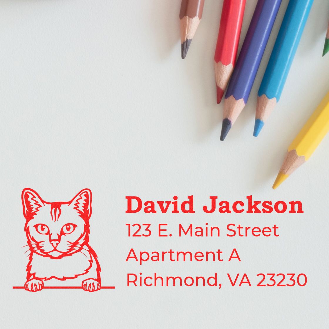 PSI Pre-Inked Peeking Burmilla Cat Personalized Address Stamp on paper with colorful pencils. Red cat design next to address text.