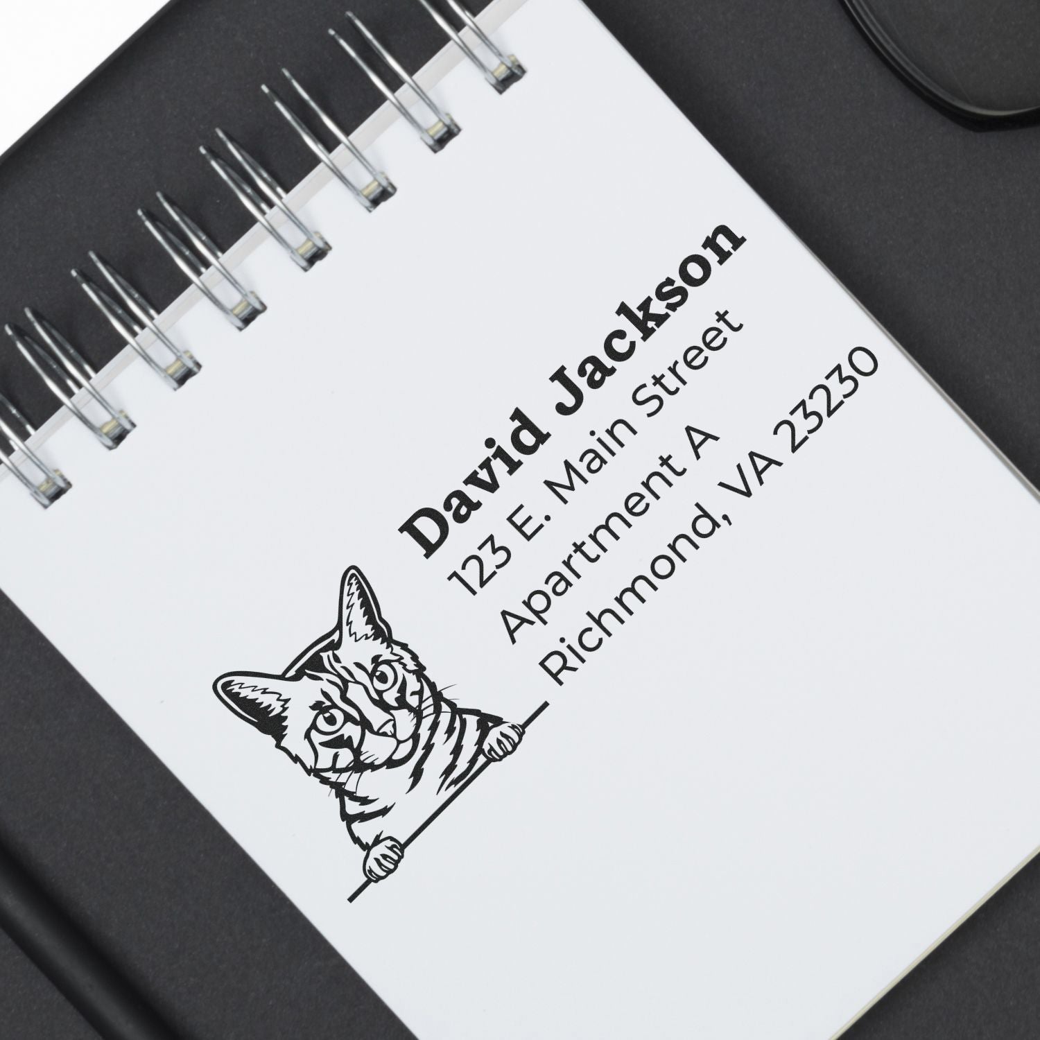 Wood Handle California Spangled Cat Address Stamp on a notepad, featuring a cat illustration and sample address text in black ink.