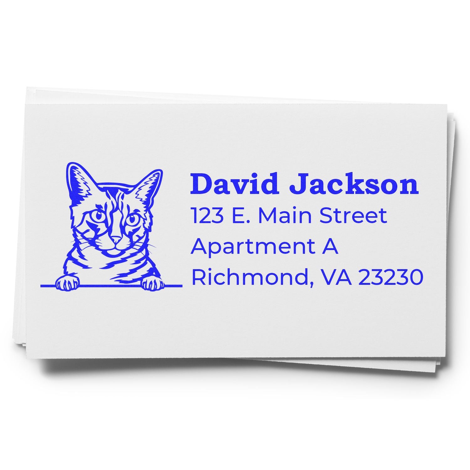 Wood Handle California Spangled Cat Address Stamp on white paper, featuring a blue cat illustration and sample address text in bold font.