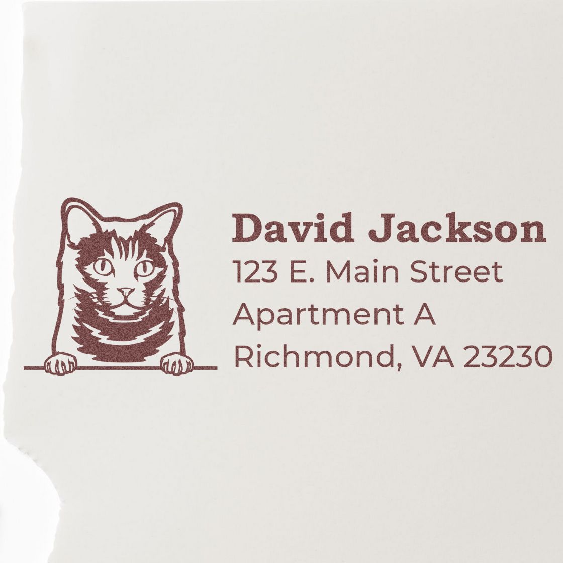 Slim Pre-Inked Chartreux Peeking Cat Return Address Stamp on paper, featuring a cute cat illustration with sample address text in brown ink.