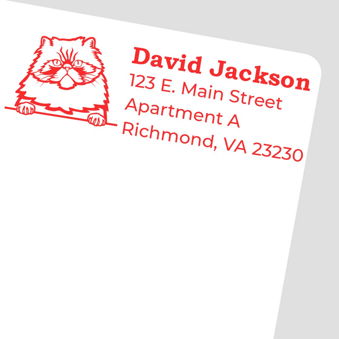 Wood Handle Colorpoint Persian Cat Address Stamp in red ink on white paper, featuring a cat illustration and sample address text.