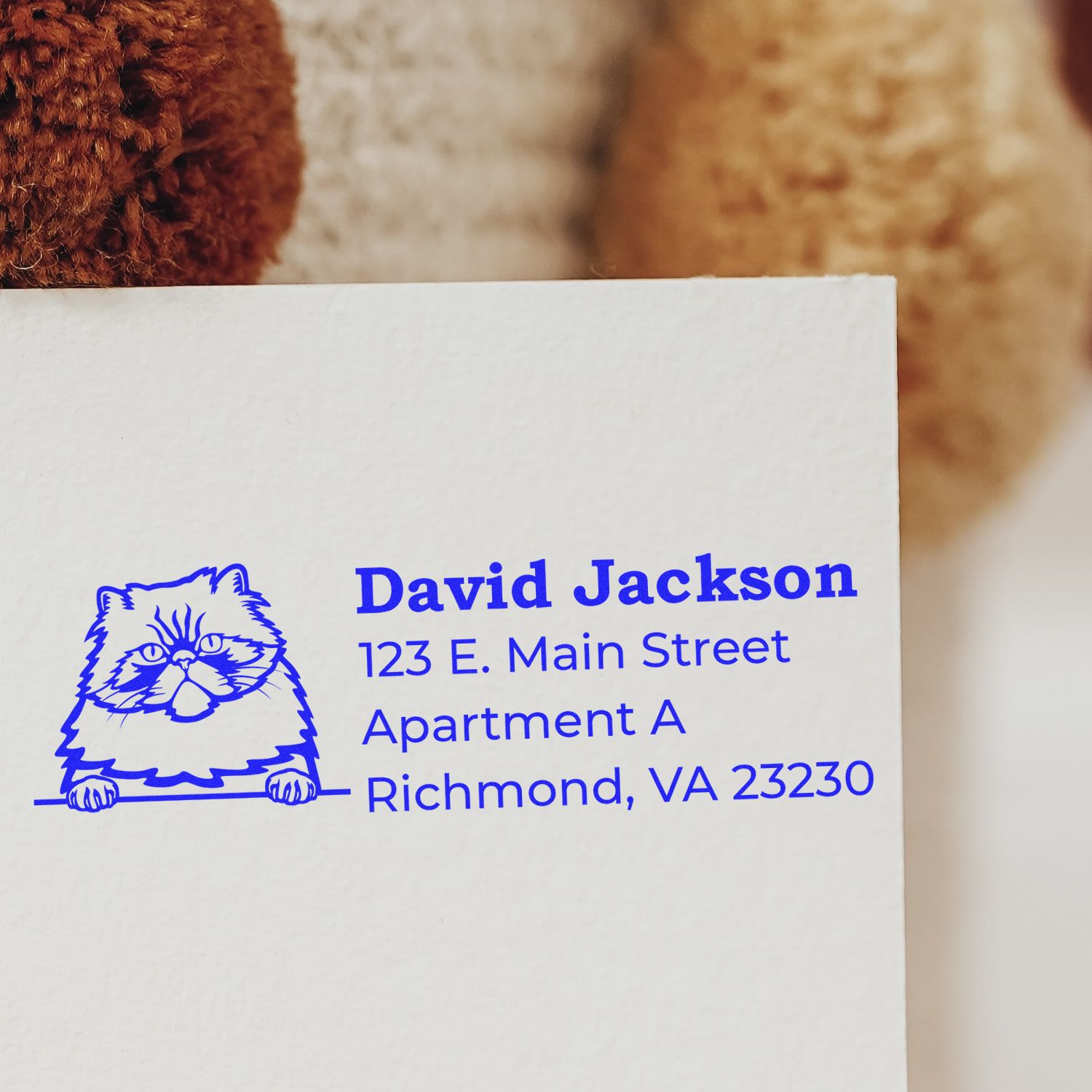 PSI Pre-Inked Peeking Colorpoint Persian Cat Personalized Address Stamp on white envelope, featuring a blue cat illustration and sample address text.