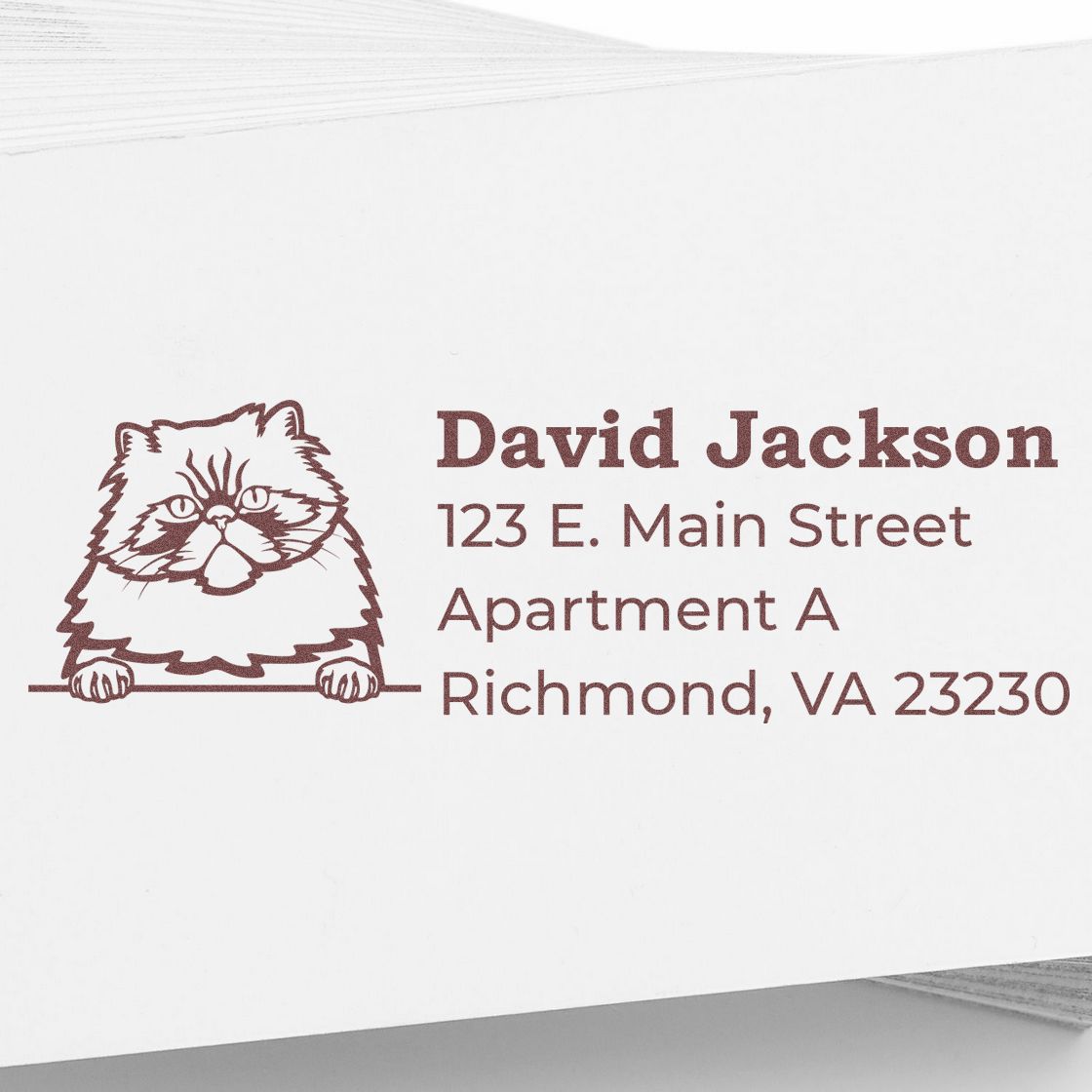 Wood Handle Colorpoint Persian Cat Address Stamp on white paper, featuring a cute Persian cat illustration above the address text in brown ink.