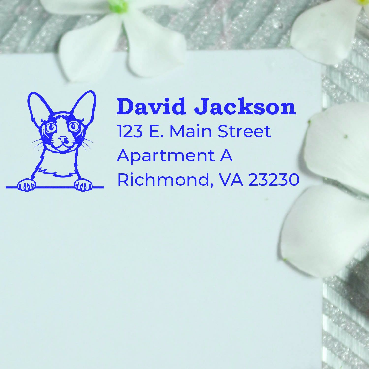 PSI Pre-Inked Peeking Cornish Rex Cat Personalized Address Stamp on white paper, featuring a cute cat illustration and blue text with address details, surrounded by white flower petals.