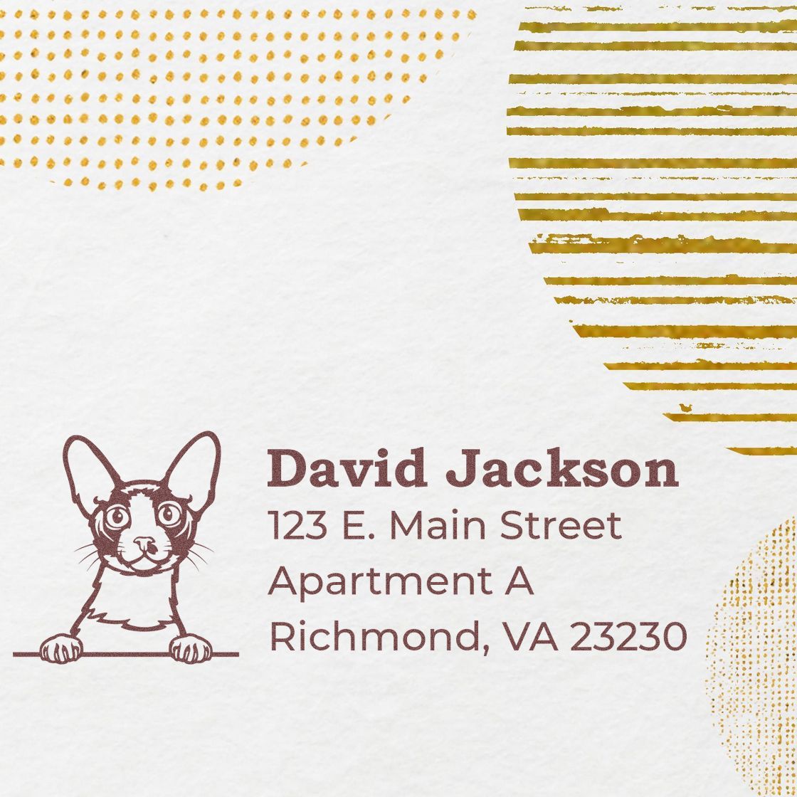 Self-Inking Cornish Rex Custom Address Stamp featuring a cute Cornish Rex cat illustration with sample address text: David Jackson, 123 E. Main Street, Apartment A, Richmond, VA 23230.