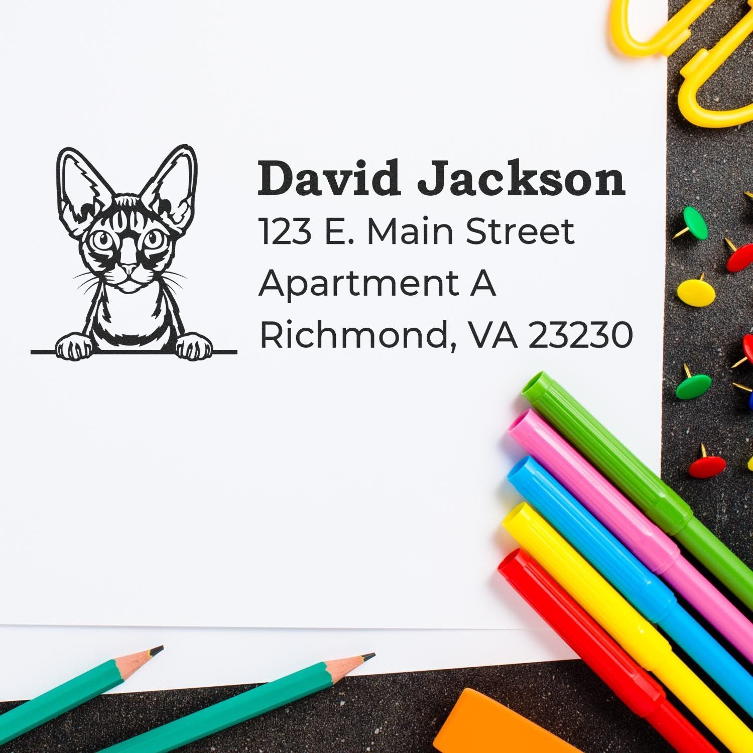 PSI Pre-Inked Peeking Devon Rex Cat Personalized Address Stamp on white paper with colorful pens and paperclips, featuring a cute cat illustration and sample address text.