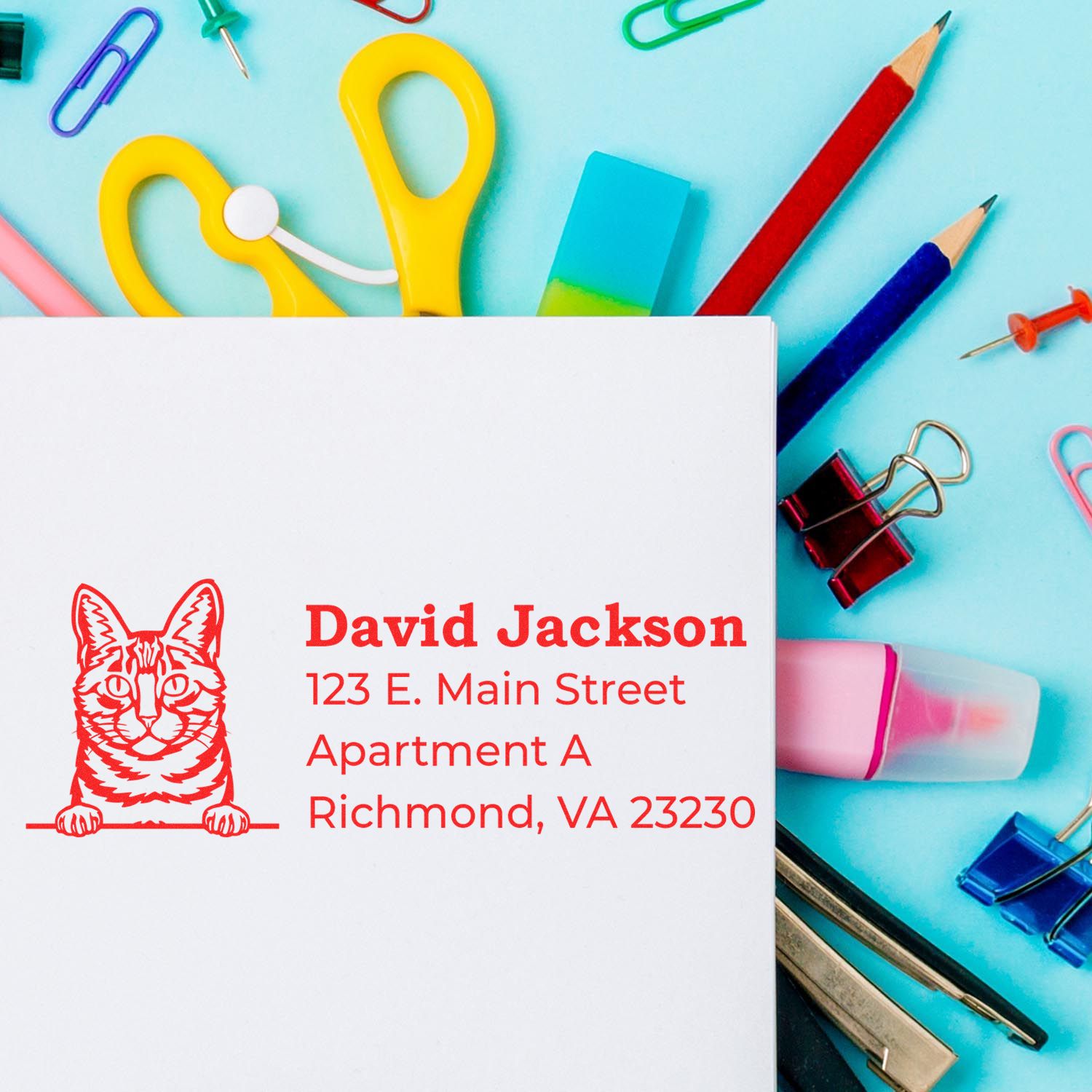 Wood Handle Dragon Li Cat Address Stamp on white envelope, surrounded by colorful office supplies like scissors, pencils, and paper clips on a blue background.