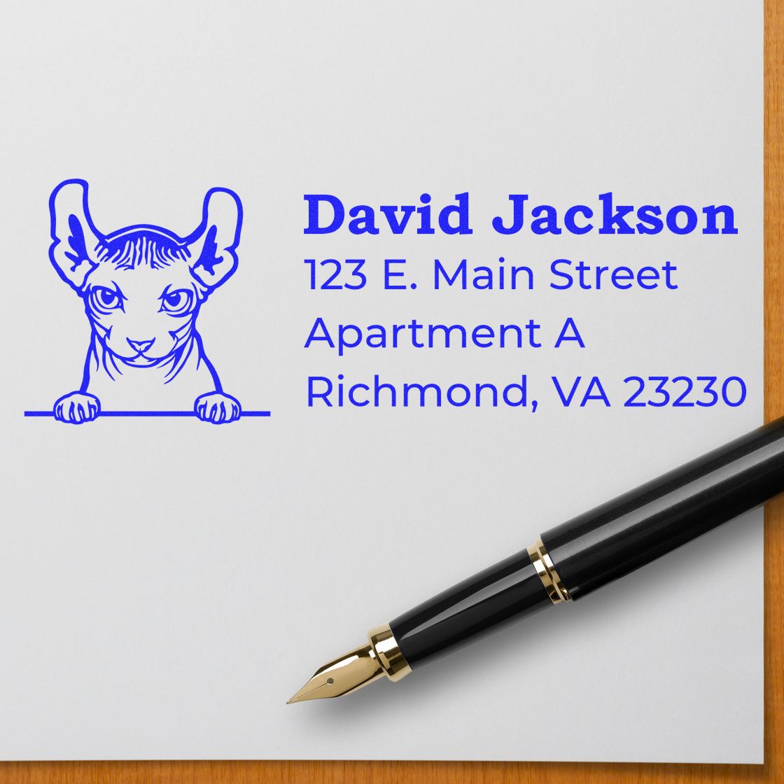 Slim Pre-Inked Dwelf Peeking Cat Return Address Stamp on white paper with blue ink, featuring a cat illustration and sample address. A black fountain pen lies nearby on a wooden surface.