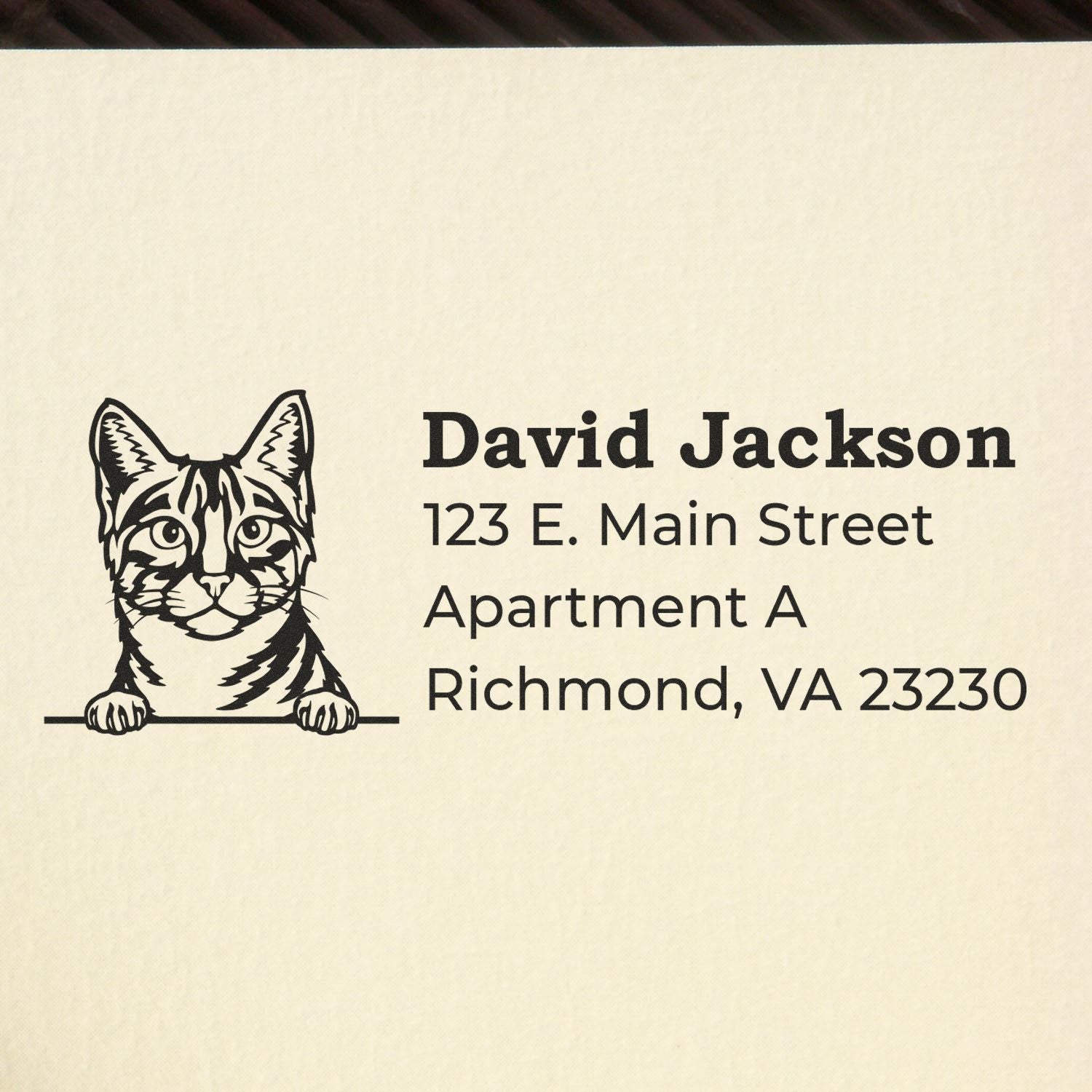 Self-Inking Egyptian Mau Custom Address Stamp featuring a cat illustration and sample address text: David Jackson, 123 E. Main Street, Apartment A, Richmond, VA 23230.