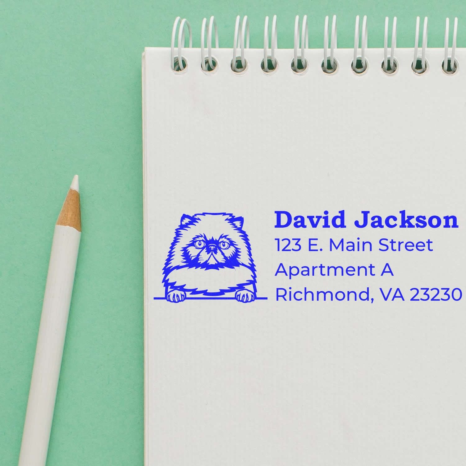 Wood Handle Himalayan Cat Address Stamp on notepad with pencil. Features a blue cat illustration and sample address text: David Jackson, 123 E. Main Street, Apartment A, Richmond, VA 23230.