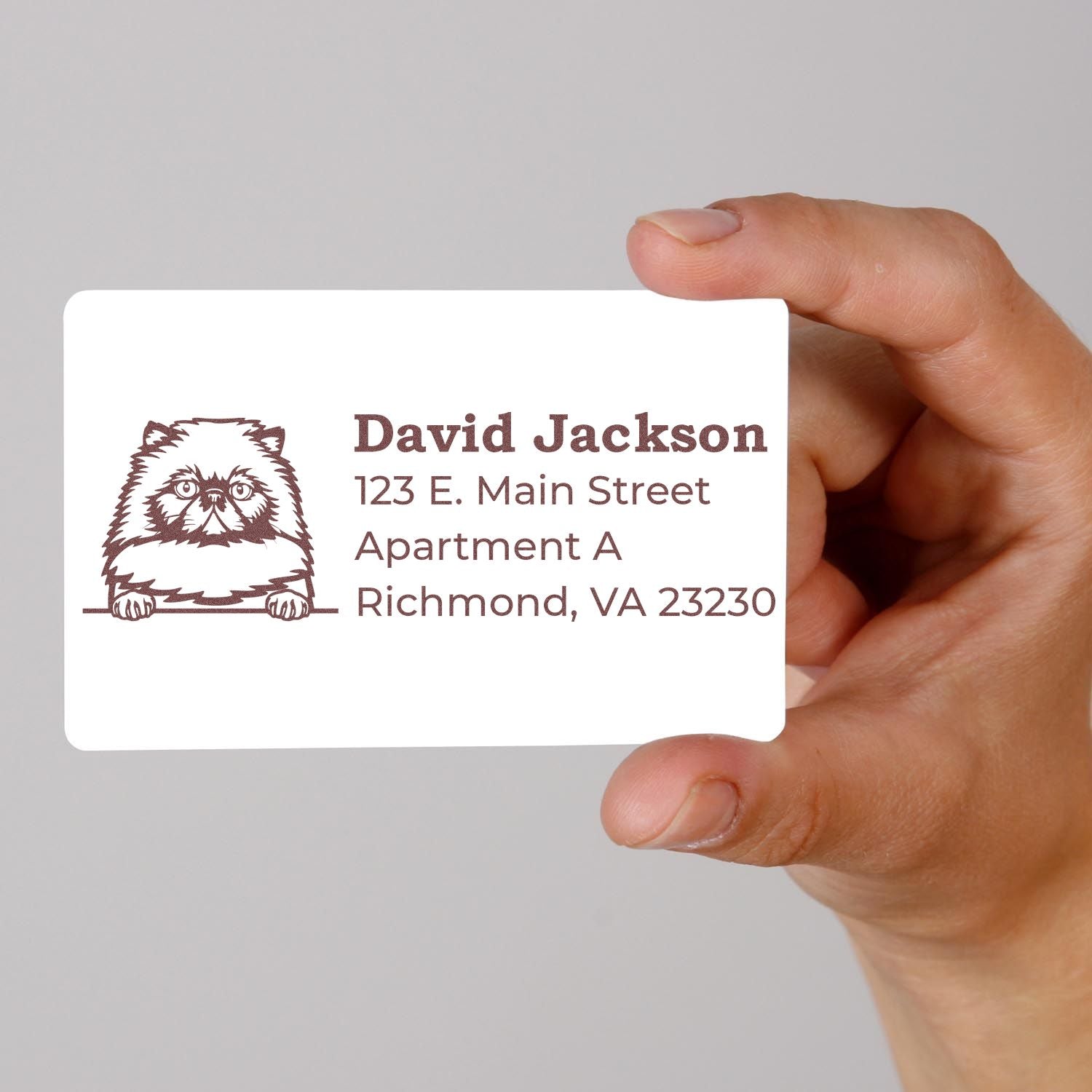 Hand holding a card with a Self-Inking Himalayan Custom Address Stamp design, featuring a cat illustration and sample address details in brown text on a white background.