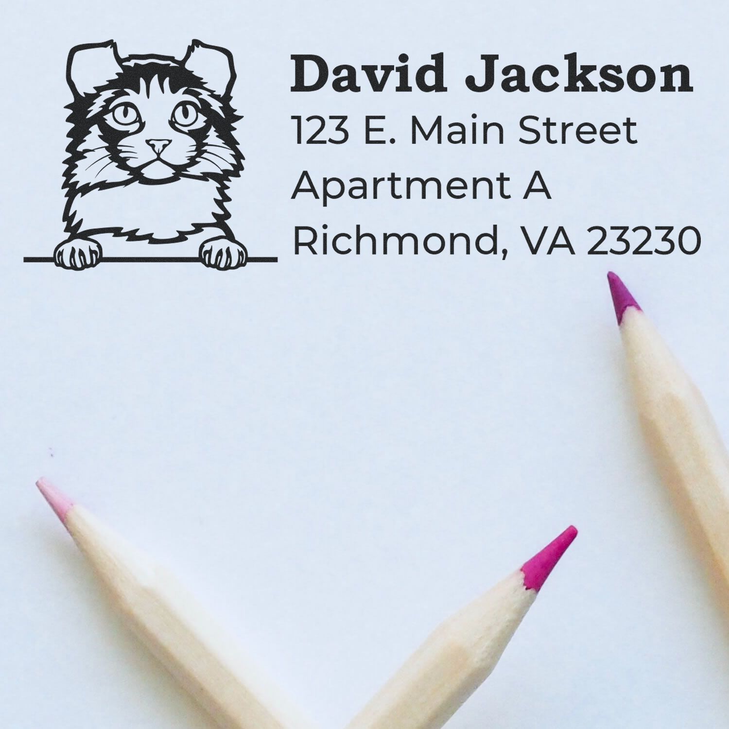 Slim Pre-Inked Kinkalow Peeking Cat Return Address Stamp on white paper with a cute cat illustration and address details. Two colored pencils are placed nearby, enhancing the creative vibe.