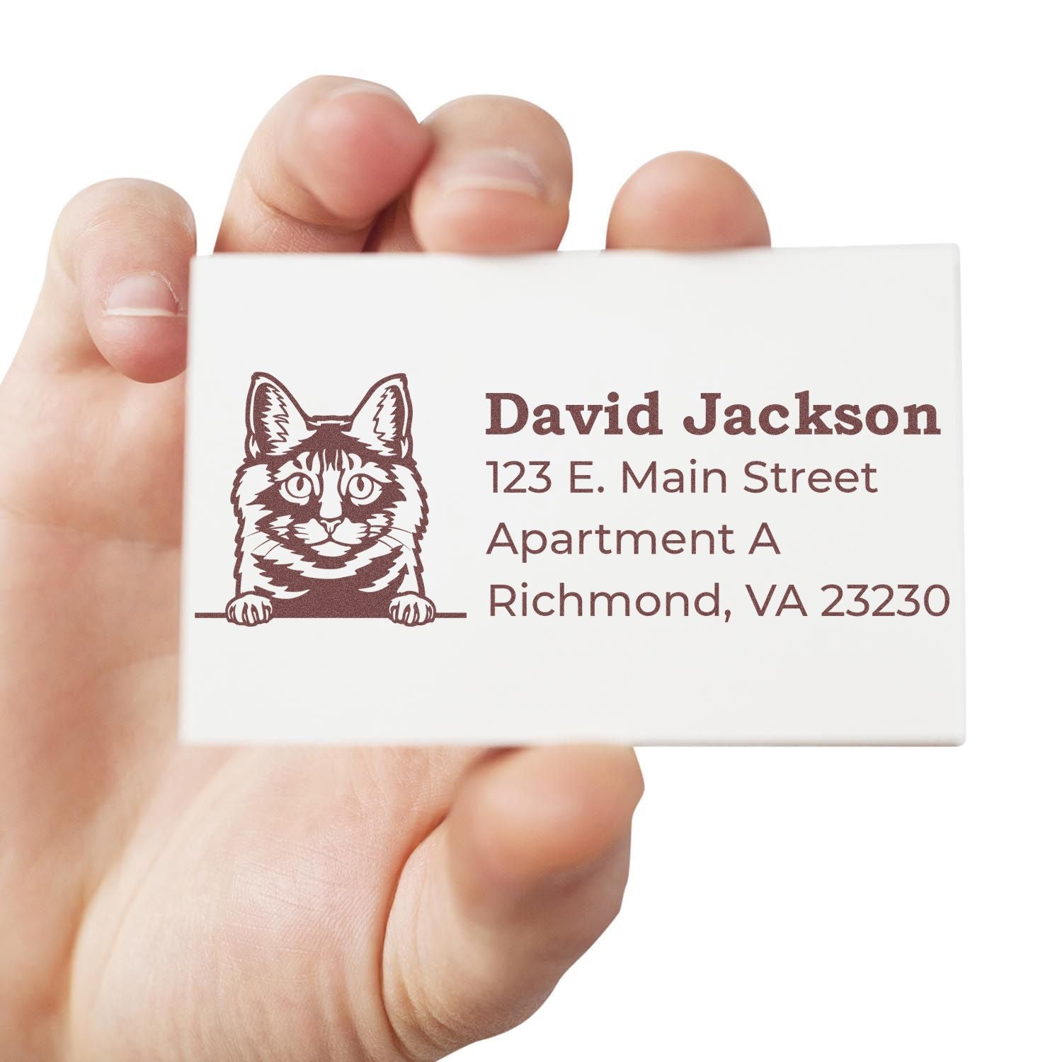 A hand holds a PSI Pre-Inked Peeking Kurilian Bobtail Cat Personalized Address Stamp, featuring a cat illustration and sample address text in brown ink on a white background.