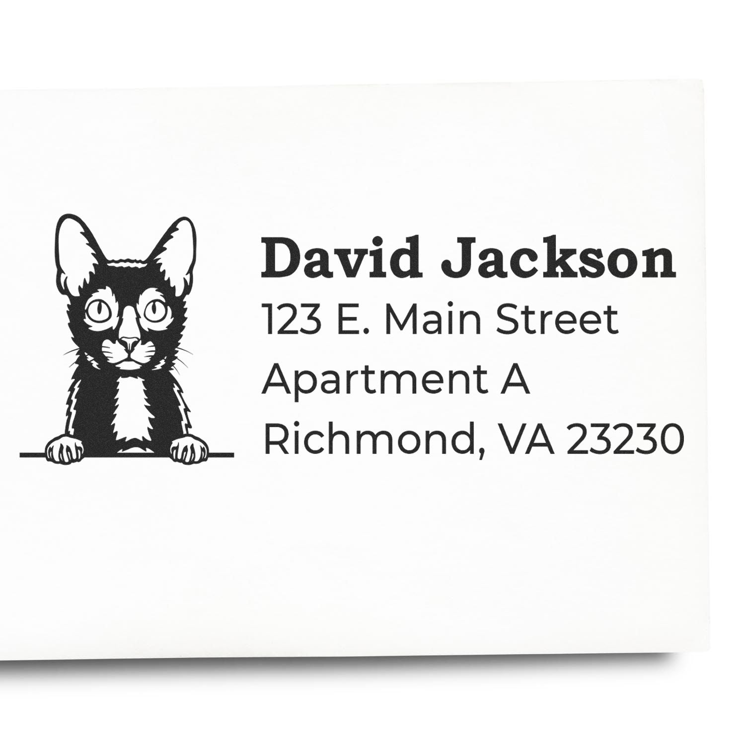 Slim Pre-Inked Lykoi Peeking Cat Return Address Stamp featuring a cute cat design above the address 'David Jackson, 123 E. Main Street, Apartment A, Richmond, VA 23230' on white paper.