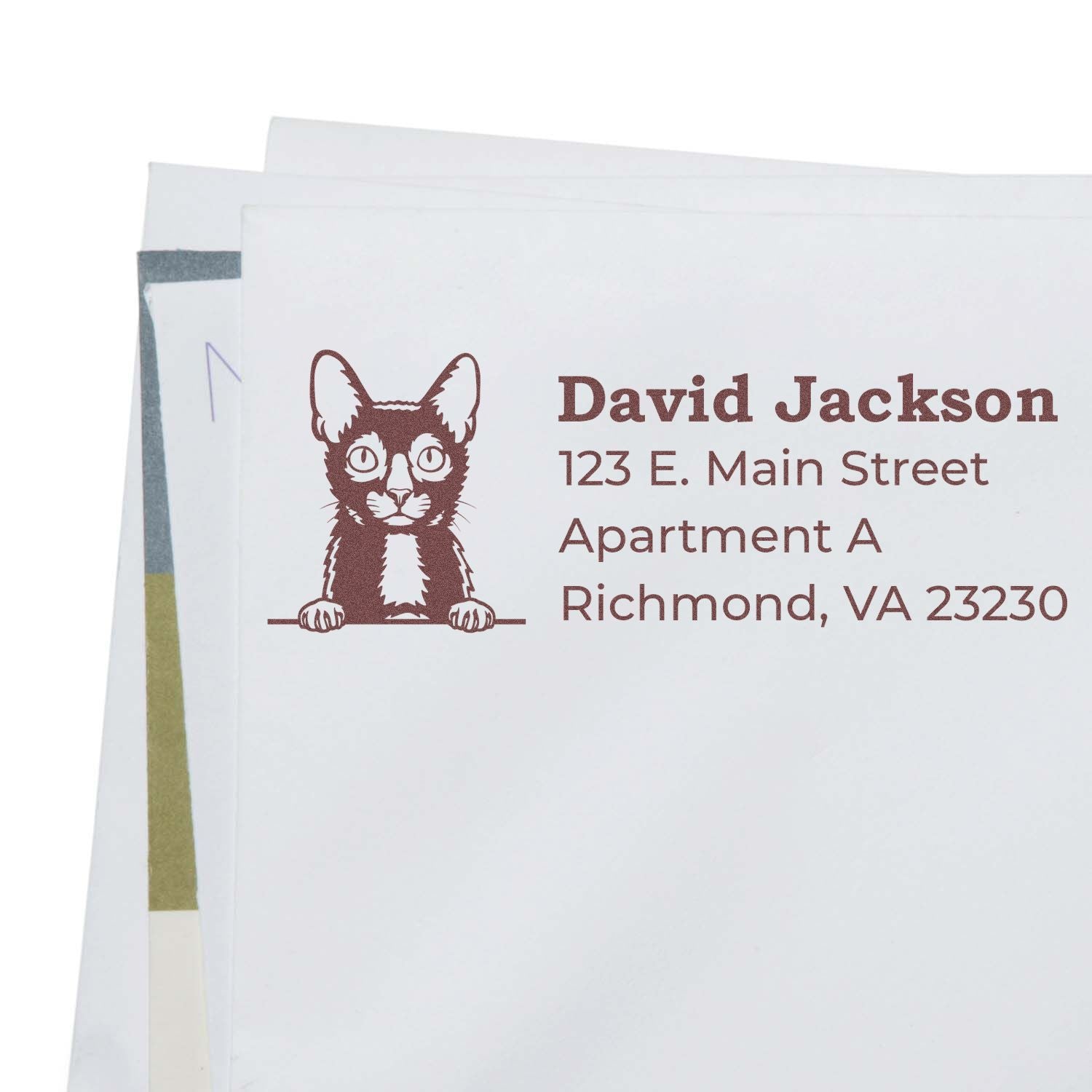 Wood Handle Lykoi Cat Address Stamp on white envelope, featuring a cute Lykoi cat illustration and sample address in brown ink.