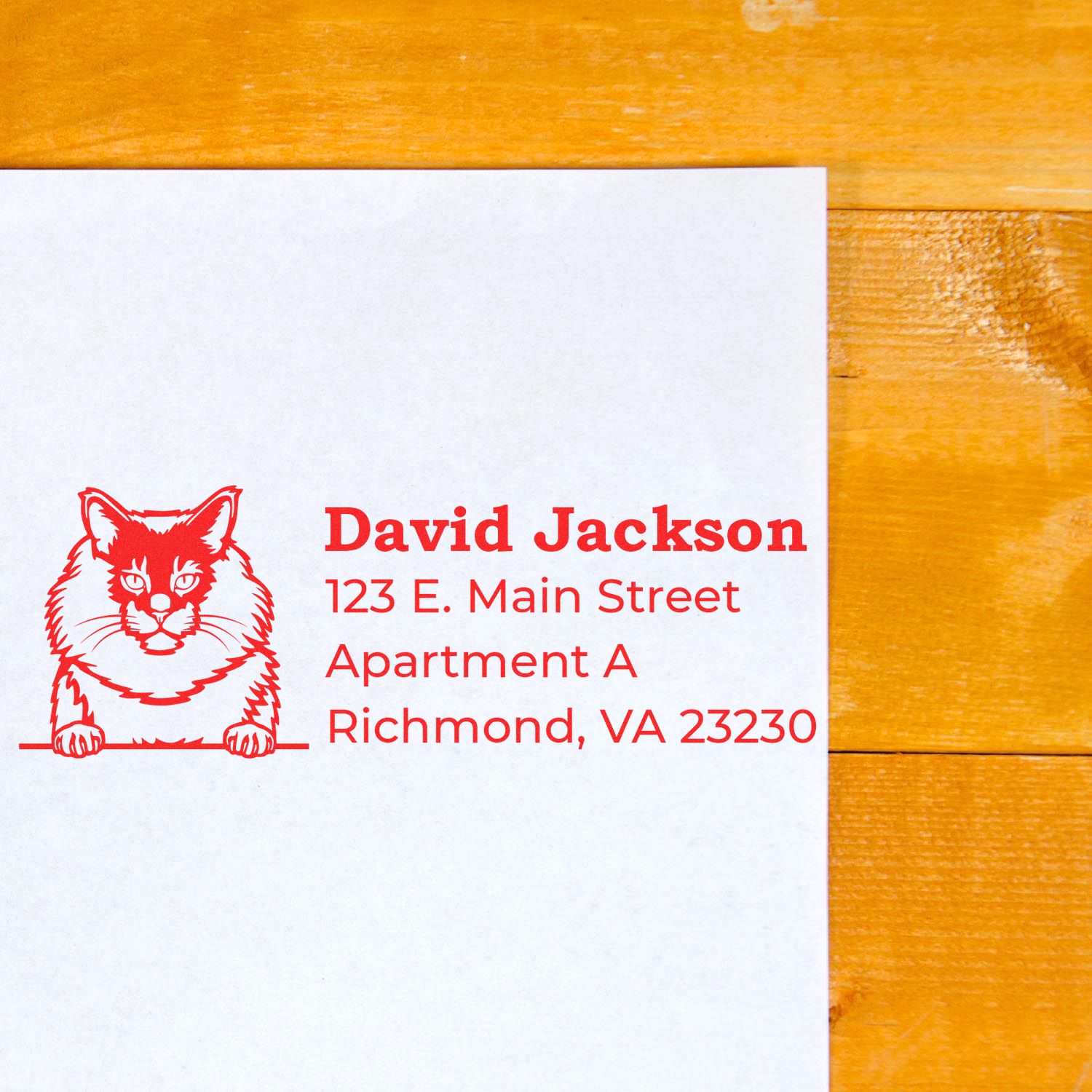 Wood Handle Maine Coon Cat Address Stamp on white paper, featuring a red Maine Coon cat illustration and sample address text, placed on a wooden surface.