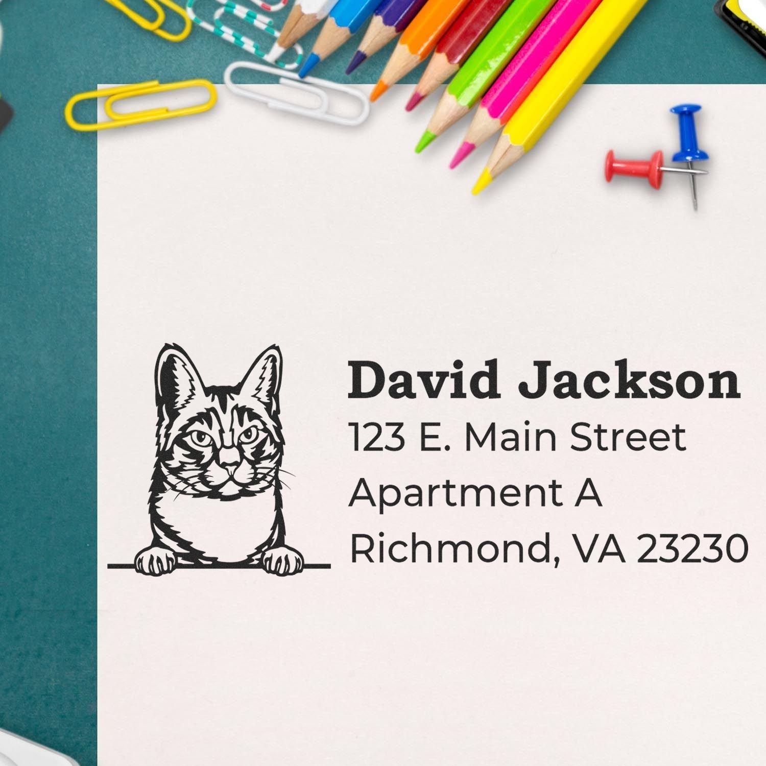 Wood Handle Manx Cat Address Stamp on paper with a cat illustration and address. Surrounding items include colorful pencils, paper clips, and push pins on a green surface.