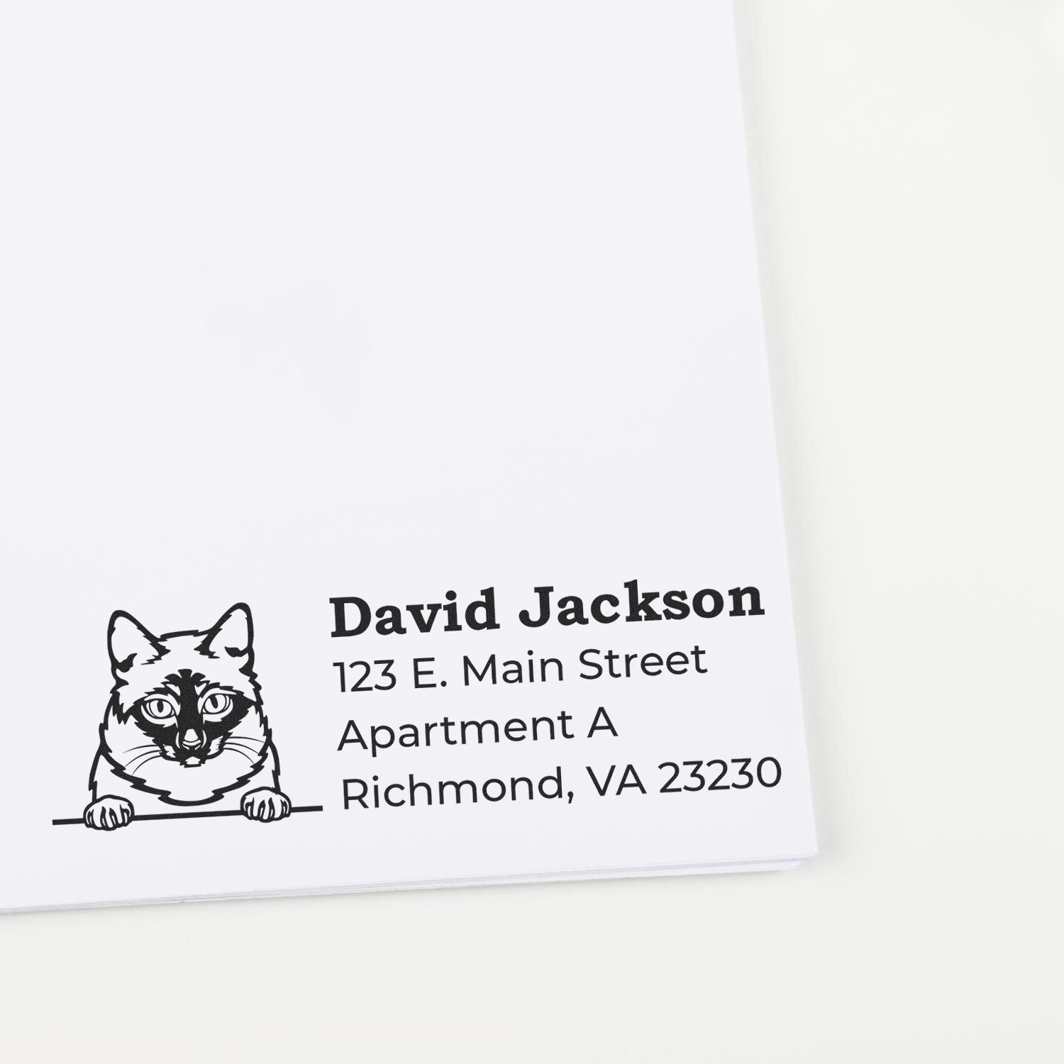 Wood Handle Mekong Bobtail Cat Address Stamp on white paper, featuring a cat illustration above the name and address in black ink.