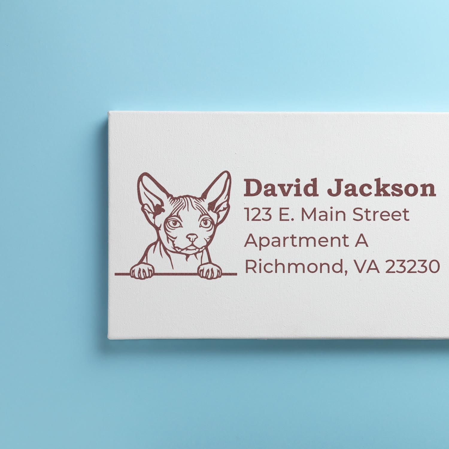 Self-Inking Minskin Custom Address Stamp on a white card with a cute cat illustration and sample address in brown ink, placed on a light blue background.