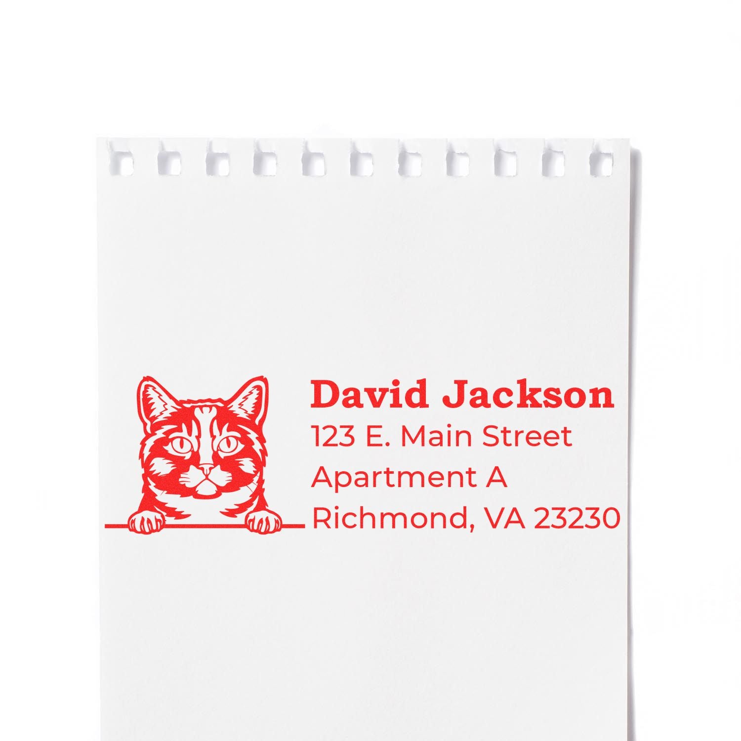 Wood Handle Munchkin Cat Address Stamp on white paper, featuring a red munchkin cat illustration and sample address text in bold red font.