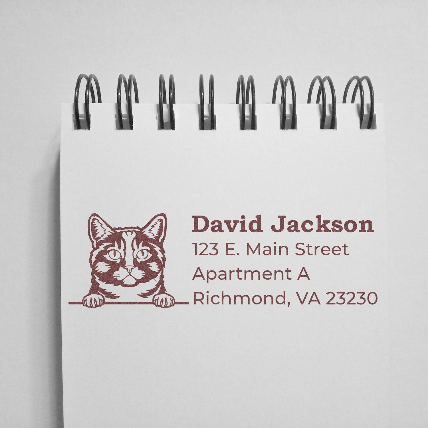 Slim Pre-Inked Munchkin Peeking Cat Return Address Stamp on a notepad, featuring a cute cat illustration above the address details in brown ink. Perfect for personalizing mail with a playful touch.