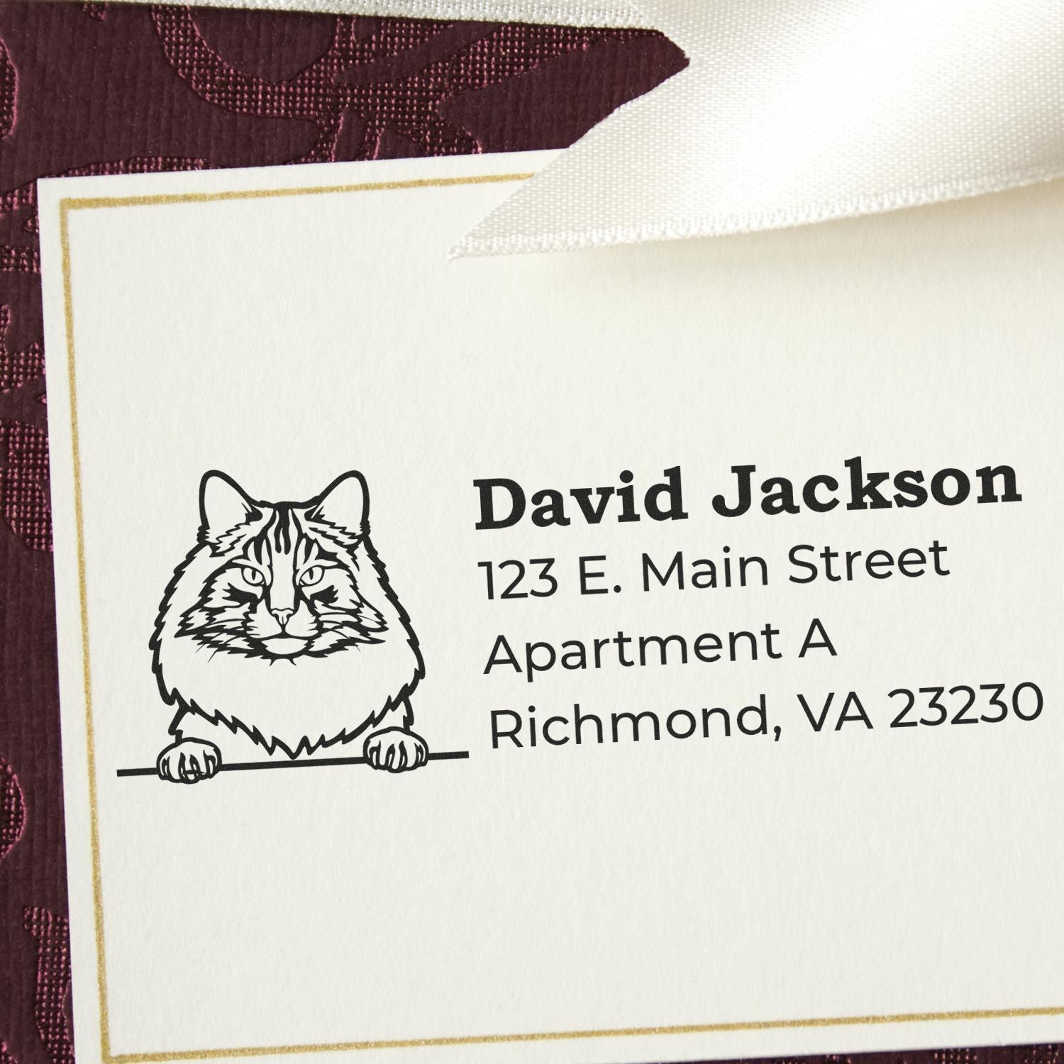 Self-Inking Norwegian Forest Cat Custom Address Stamp on an envelope, featuring a detailed cat illustration and personalized address text in bold, elegant font.