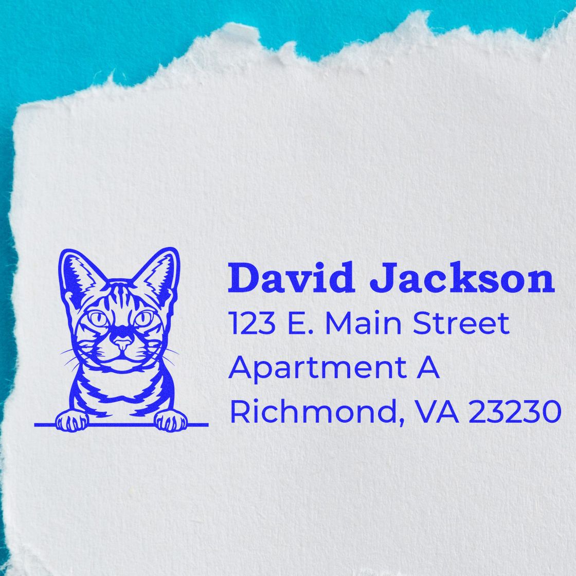 Wood Handle Ocicat Cat Address Stamp on torn paper, featuring a blue ocicat illustration and sample address text in bold blue font.