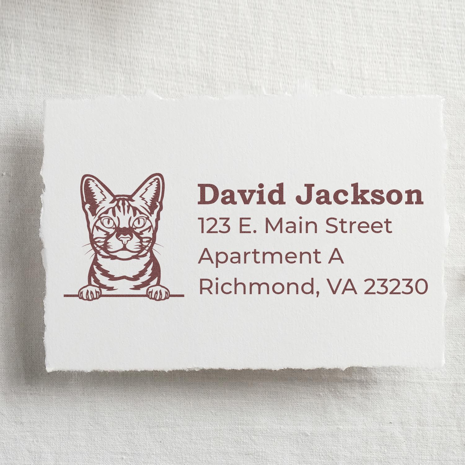 Wood Handle Ocicat Cat Address Stamp on white paper, featuring a detailed ocicat illustration and sample address text in elegant font.