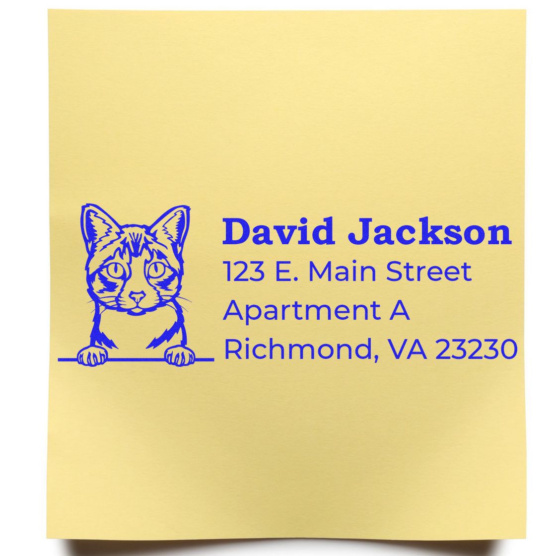 Yellow paper with a blue cat design and text from the Self-Inking Ojos Azules Custom Address Stamp, displaying a name and address in bold, playful font.