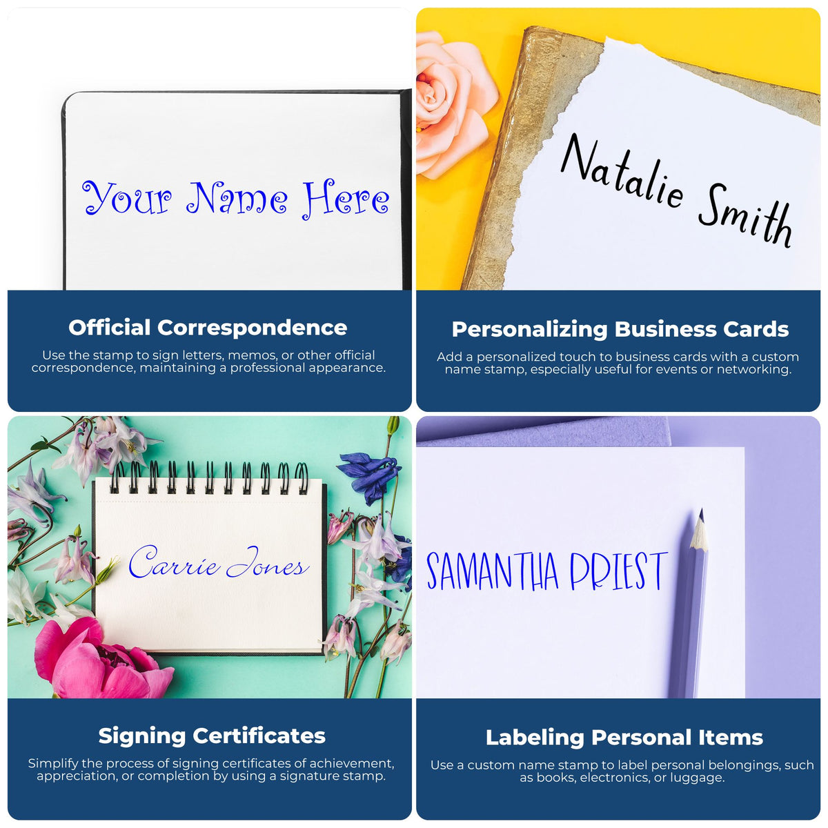 Custom name stamps and seals on white, yellow, mint, and lavender backgrounds for letters, business cards, certificates, and labels.
