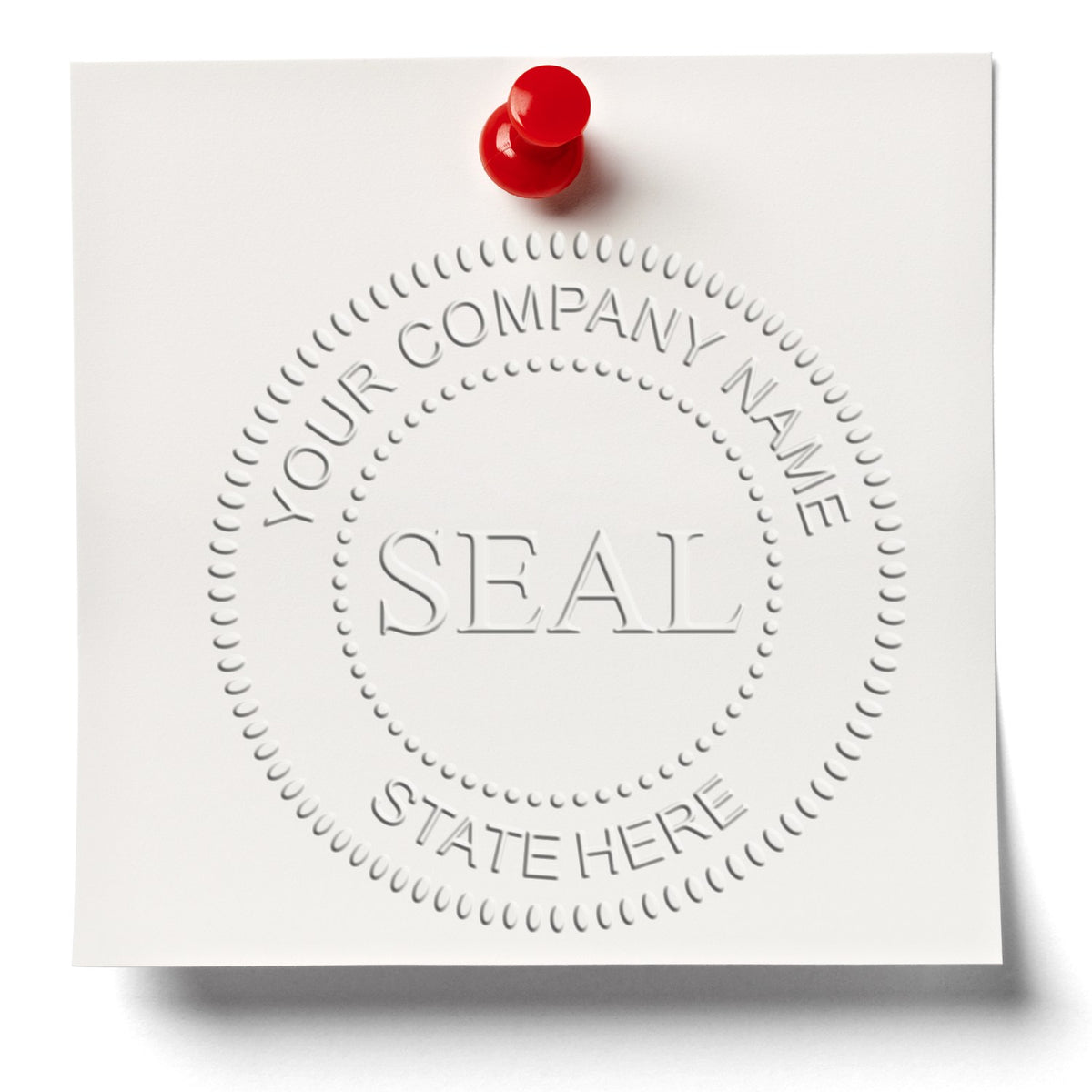 Red seal stamp on white embossed paper, with embossed company name, SEAL center, and dotted circular border.