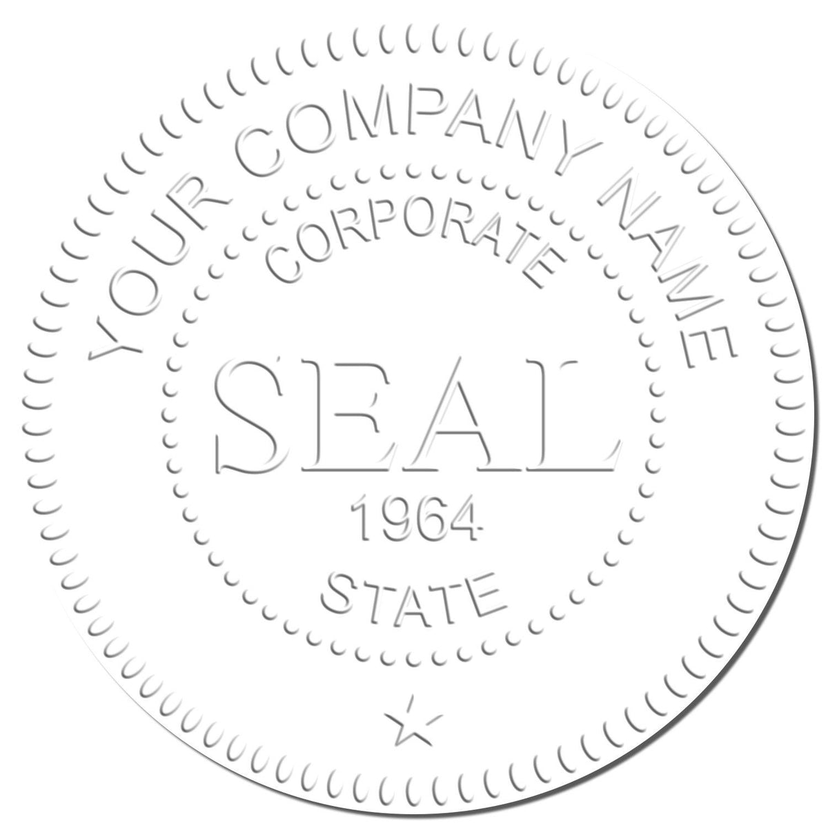 White embossed circular corporate seal stamp with dotted border, Your Company Name, Corporate Seal, State, and 1964.